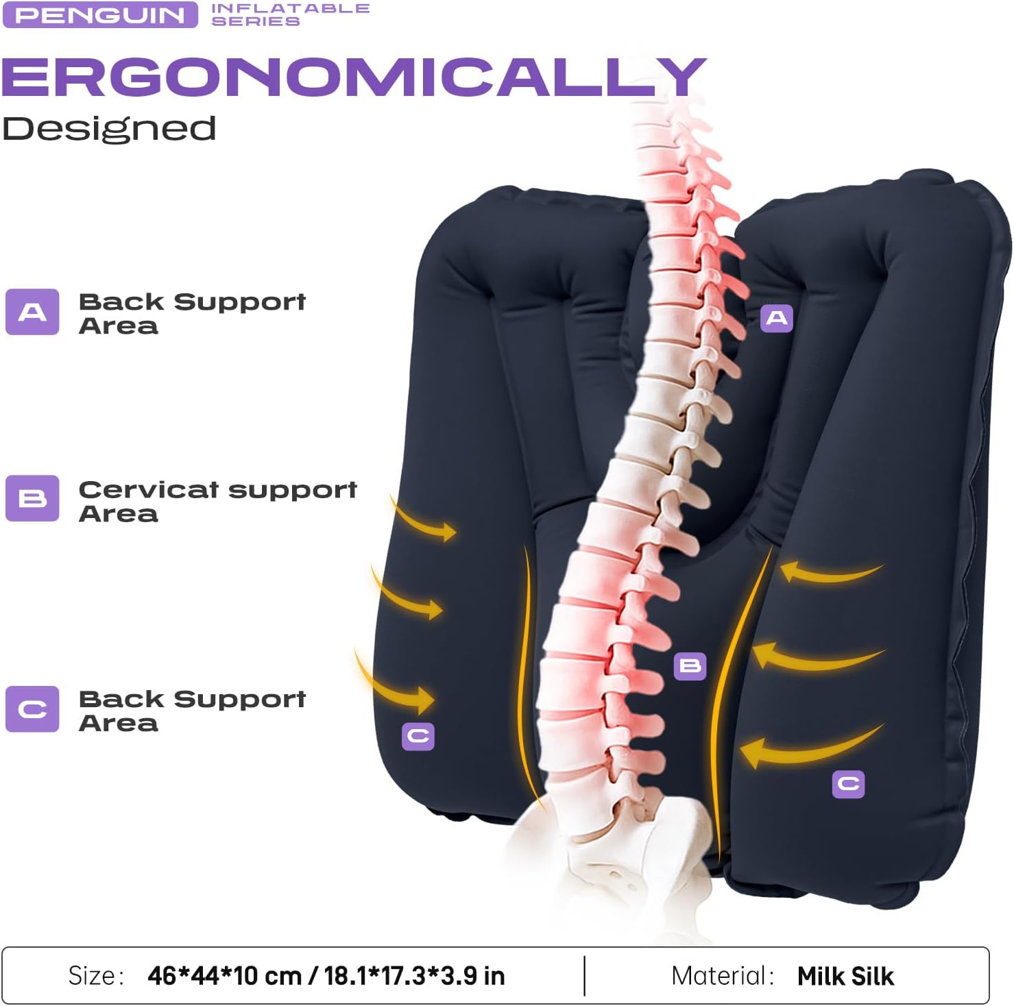 Press-to-Inflate Lumbar Support Pillow for Airplane, Car, Office Chair & Travel, Ergonomic Inflatable Back Cushion for Lower Back Pain Relief, Improve Posture & Portable Comfort, Easy to Carry - Grey - Image 2