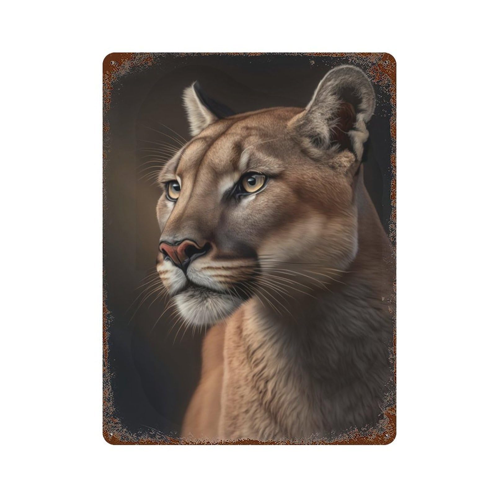 Aged Metal Wall Plaque with Cougar Portrait on Dark Design 15.7"x11.8", for Basement, Hobby Room And Garage Decor, Farmhouse Wall Decor