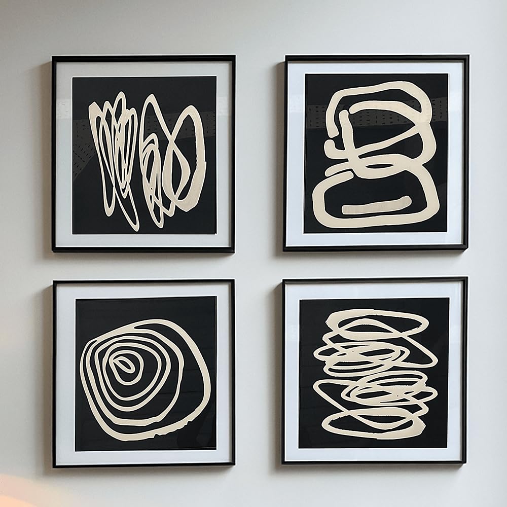 Rowen Homes Black Winchester Framed Wall Art Set Of 4 (40X40cm) - Monochrome Abstract Squiggle Wall Decor - Modern Artwork For Hallway, Living Room Or Bedroom - Luxury Interiors