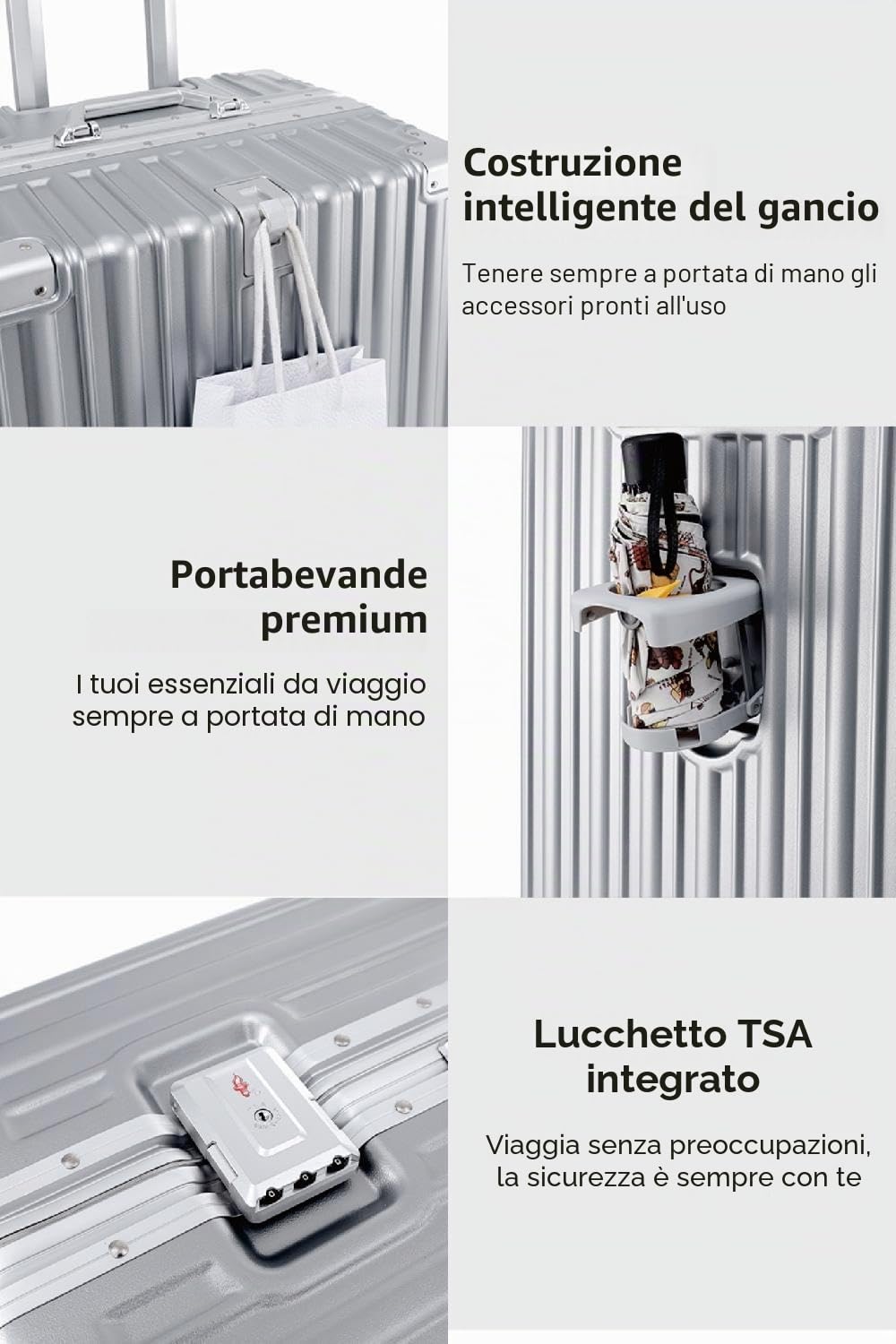 Aoliwei Valigetta S da 55 cm - Valigia con telaio in alluminio in policarbonato 100%, circa 40L - Valigia da viaggio premium con portabicchieri e lucchetto TSA - Silenzioso trolley a 4 ruote, argento