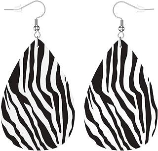 Zebra Print Womens Leather Earrings, Black White Tiger Stripes Animal Zebra Skin Charm Teardrop Faux Leather Dangle Earrings Sexy Earrings For Party Holiday Jewelry - Buy now