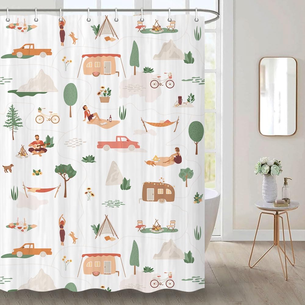 Amazon.com: RV Shower Curtain, Happy Camper Shower Curtain Retro Rustic ...