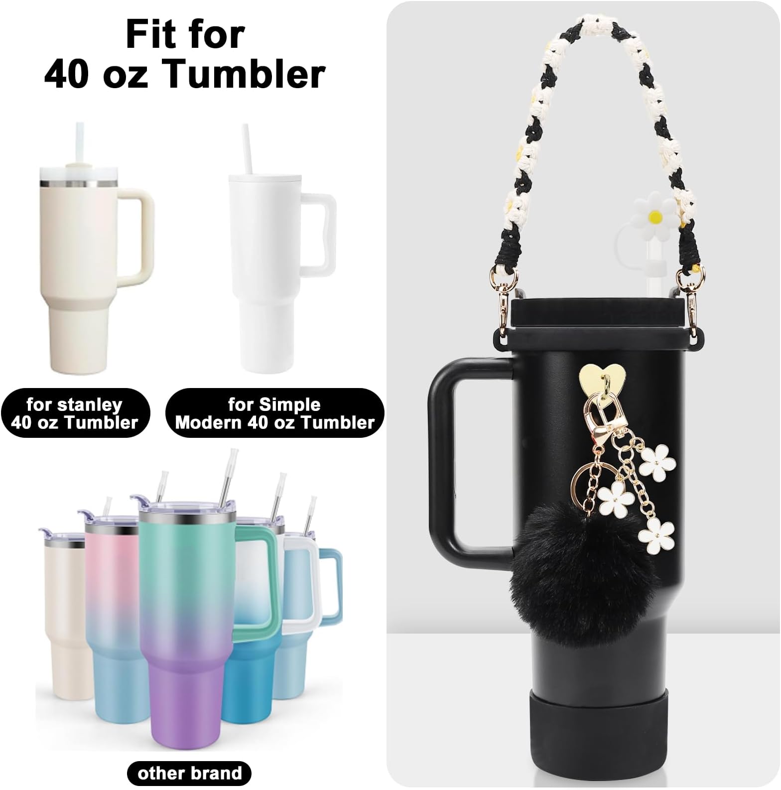 Stanley Cup Accessories Set Including Water Bottle Handle Strap, Siliocne Stanley Cup Boot, Siliocne Straw Cover, Stanley Charms for Stanley Cup 40oz & 30oz Tumbler