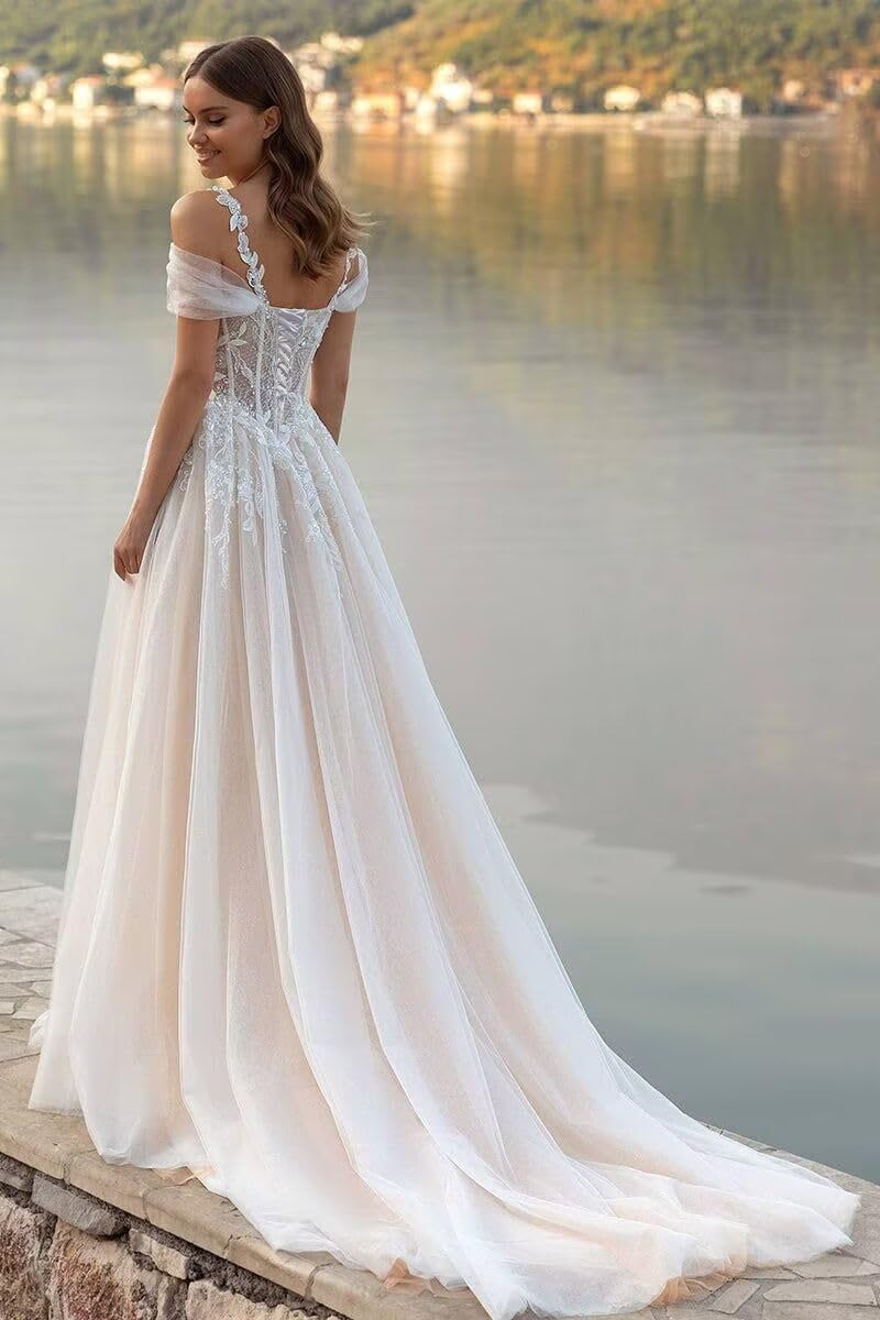 Damen Tüll Brautkleider Lang Elegant Hochzeitskleider A Linie Prinzessin Glitzer Mit Spitze V-Ausschnitt Trauung Kleid Ärmellos