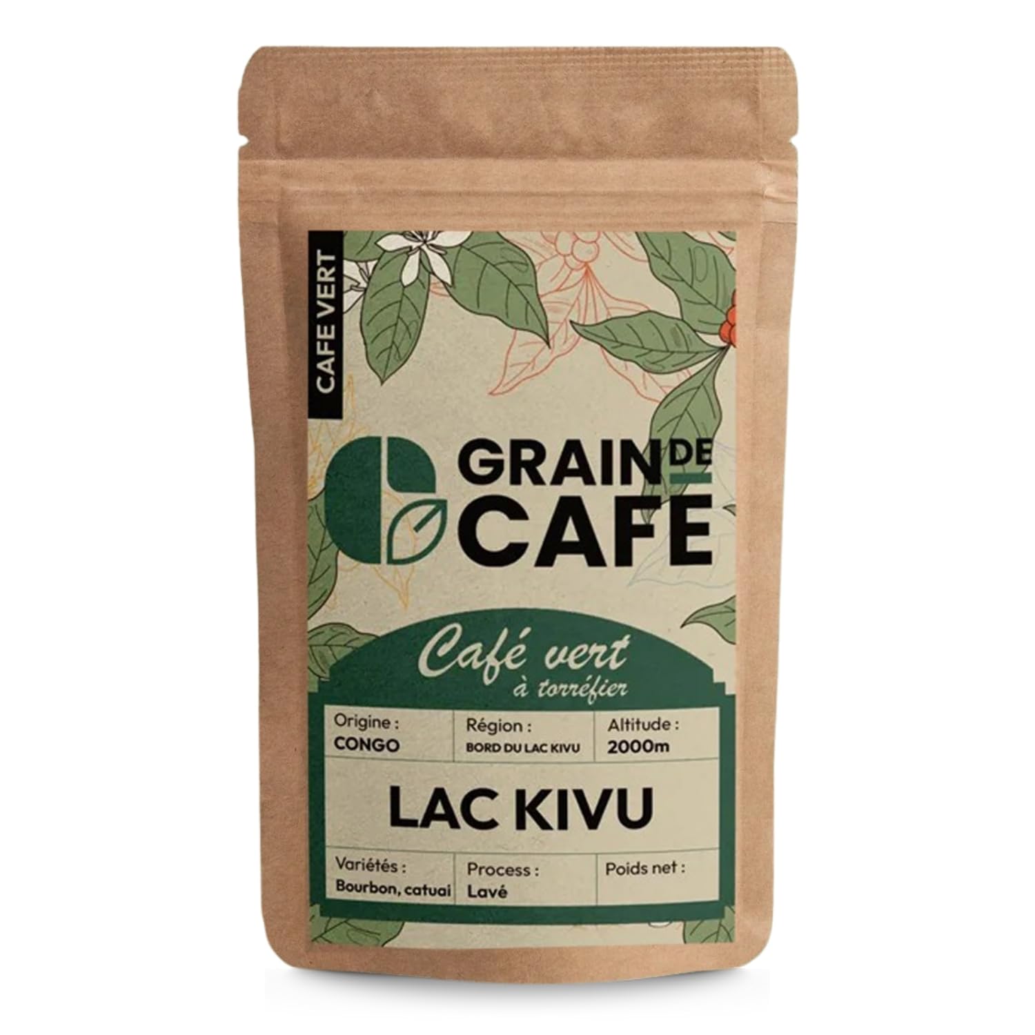 Graindecafé – Café Vert Congo Lac Kivu 1kg | 100% Arabica Lavé Non Torréfié | De Terroir Africain | Notes De Fruits Rouges Et Cacao | Idéal Machine À Grain Une Fois Torréfié