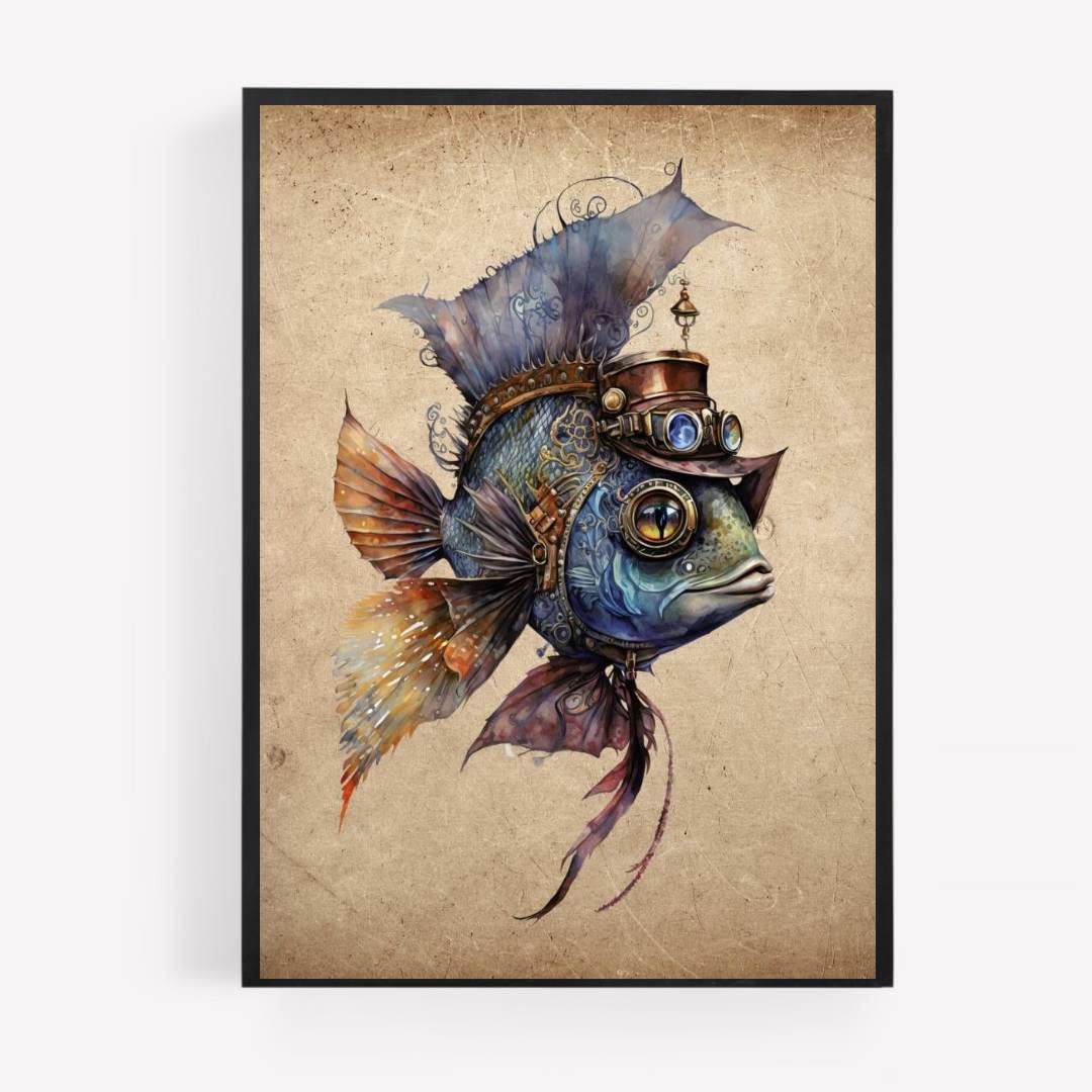 Gfc Gold Steam Punk Steampunk Fish Print Picture Poster Hipster Dapper Vinatge Style A4 Unframed Wall Art Home Decor Decorating Gift