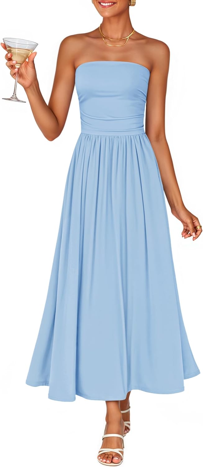 ZESICA Women's Summer Sleeveless Midi Dress 2026 Strapless Ruched A Line Flowy Wedding Guest Party Beach Long Dresses