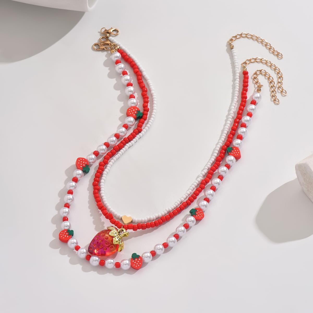 Cute Handmade Strawberry Imitation Pearl Beaded Choker Necklace Boho 3D Simulated Fruits Strawberry Seed Beads Multilayer Necklace for Women - Image 4