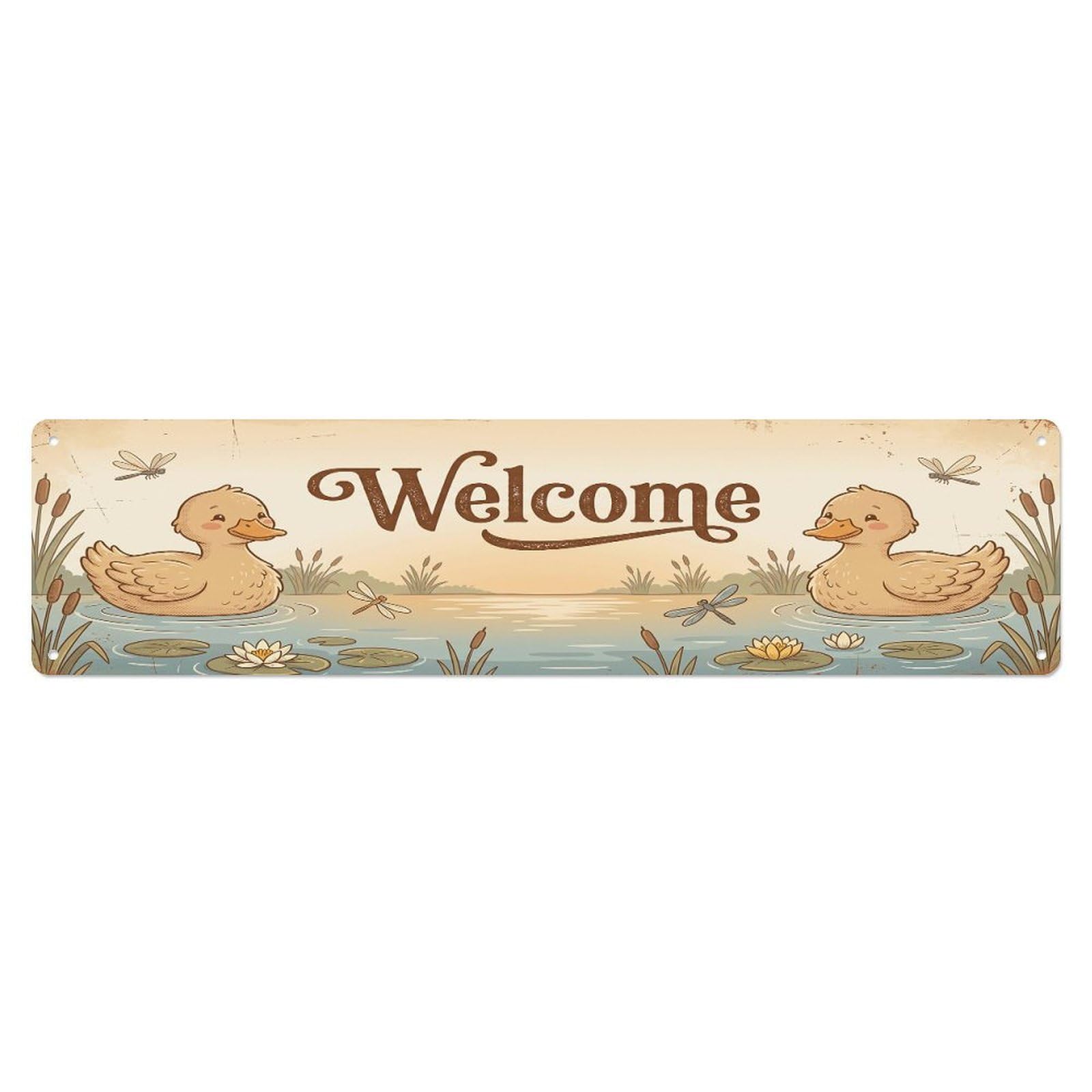 Cxhjca 4X16inch(10X40cm) Vintage Welcome Buff Duck Metal Tin Sign