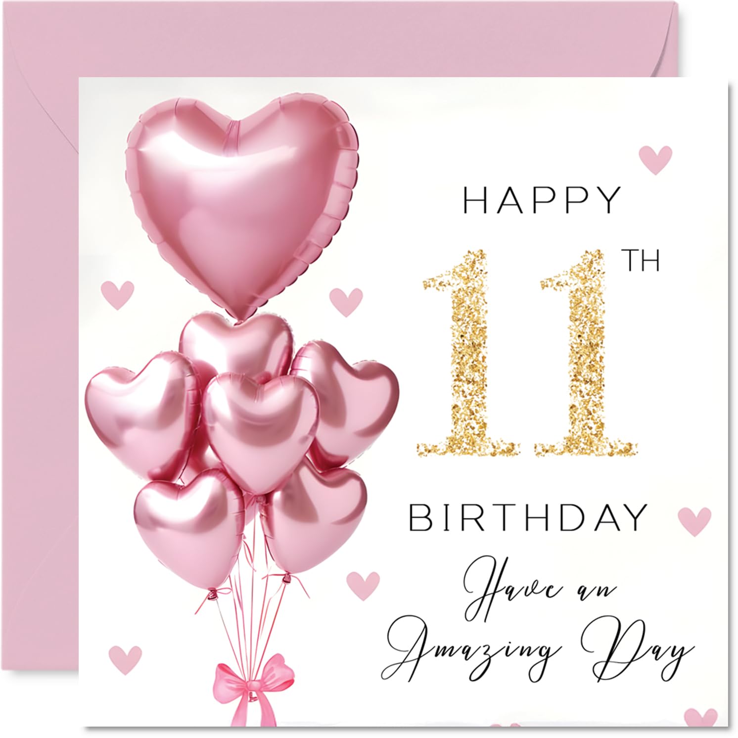11th Birthday Cards for Girls, Pink Glitter Balloons