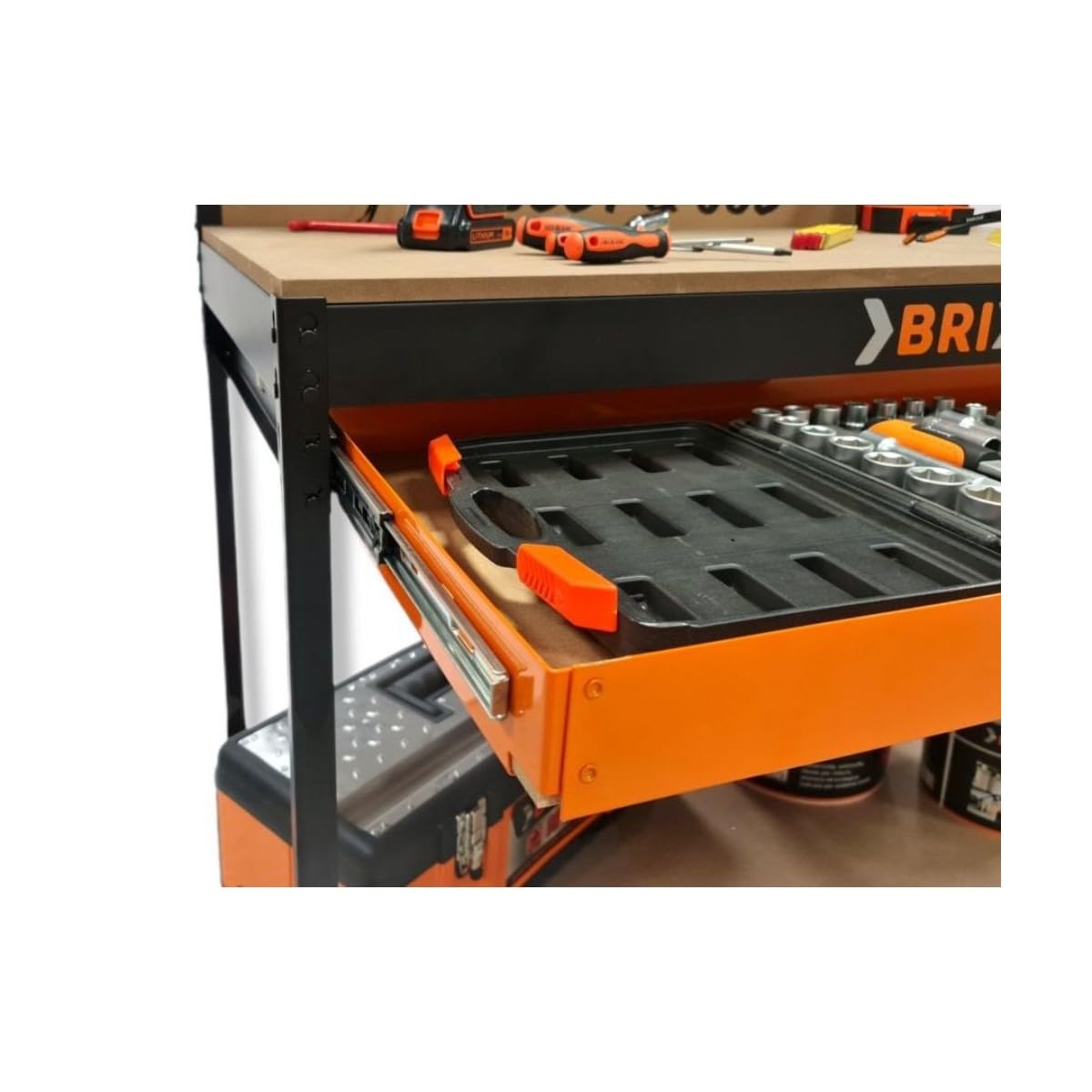 Brixo - Banco da lavoro in legno, con cassetto forato, 120 x 60 x 150 cm