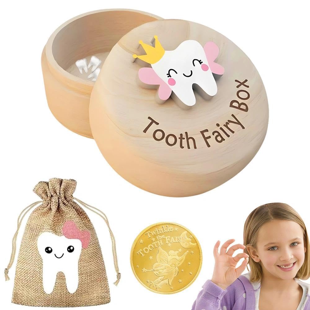 FeiFanChoice Milk Tooth Box, Pack of 3 Milk Tooth Box for Girls, Printed with 3D Cartoon Tooth Box, Tooth Fairy Coins and Bag for Milk Teeth Girls, Creative Christening for Children, Birthday, Baby
