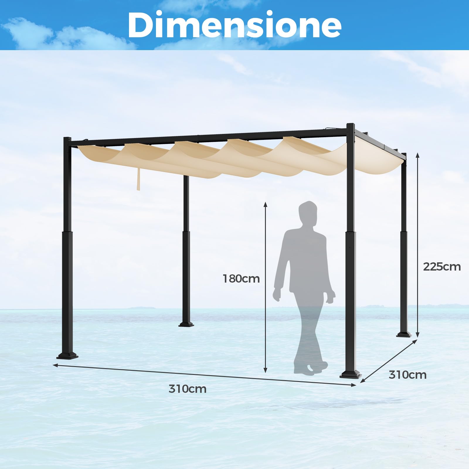 COSTWAY Gazebo Pergola da Giardino 310 x 310 cm, Pergola da Esterno con Tettuccio Retrattile, Struttura in Metallo, per Giardino, Patio e Portico (Beige)