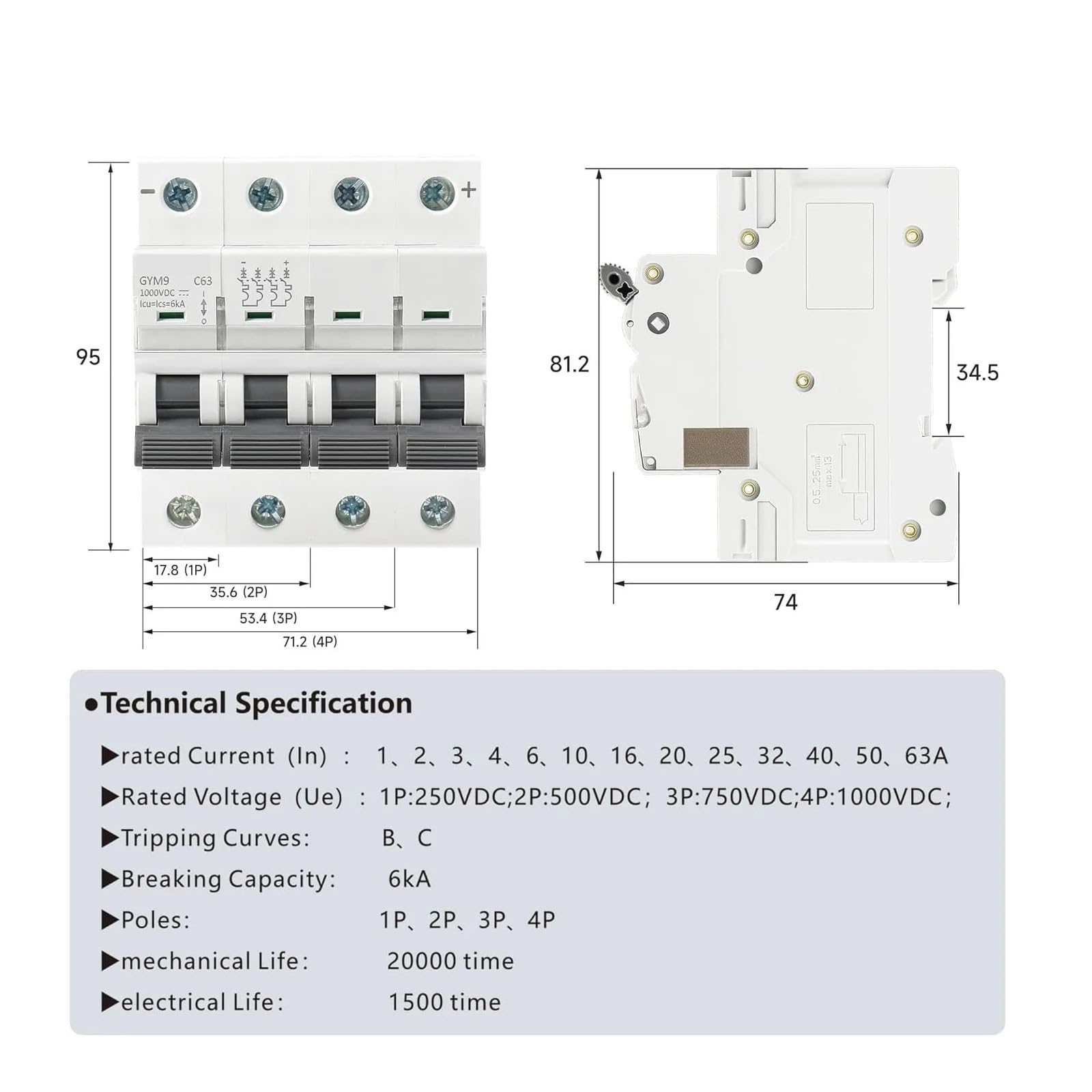 Interruttore automatico DC 6KA 2P 500V Sezionatore isolatore for protezione da sovraccarico del sistema fotovoltaico 6A-63A(63A)