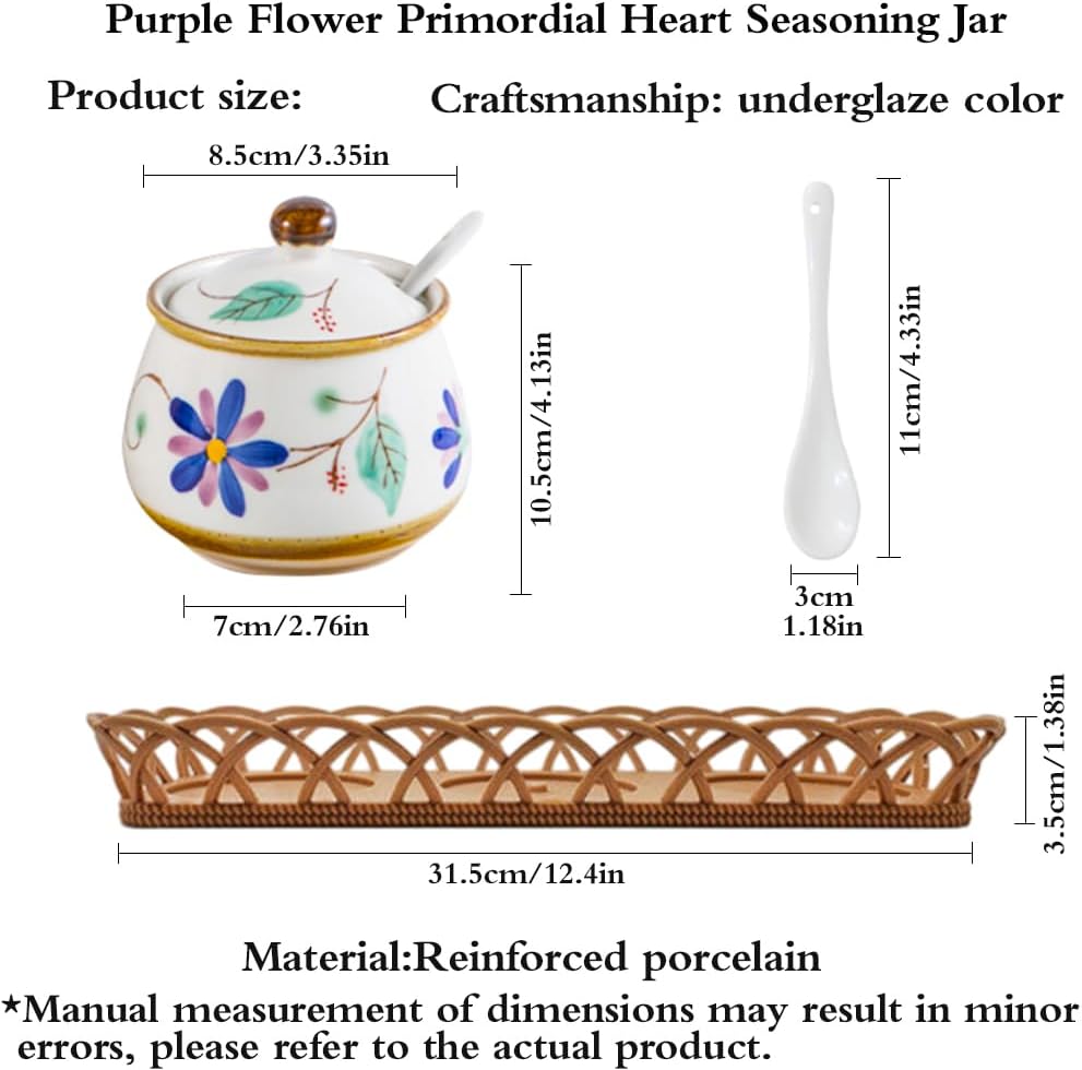 Set of 3 Ceramic Condiment Jars with Lid, Spoon and Tray, 11 Oz Sugar Bowl Seasoning Jar Spice Containers Set for Kitchen Counter Coffee Bar, Dishwasher Safe (Purple)