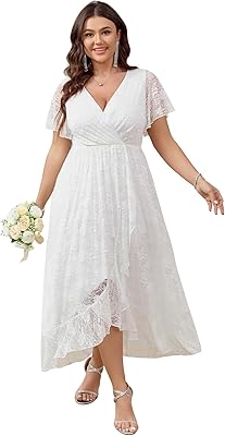 SCOMCHIC Womens Plus Size Wedding Guest Dress Formal Lace Wrap V Neck High Low Short Sleeve Cocktail Maxi Dresses XL-4XL