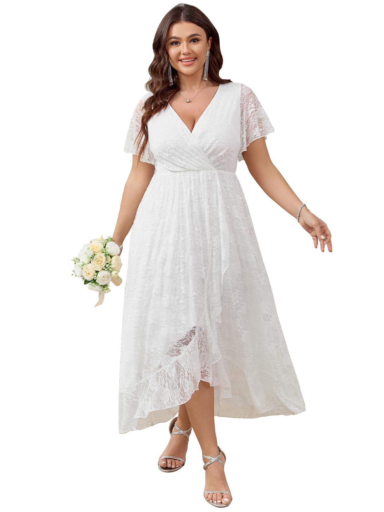 Photo 1 of SCOMCHIC Womens Plus Size Wedding Guest Dress Formal Lace Wrap V Neck High Low Short Sleeve Cocktail Maxi Dresses XL-4XL White