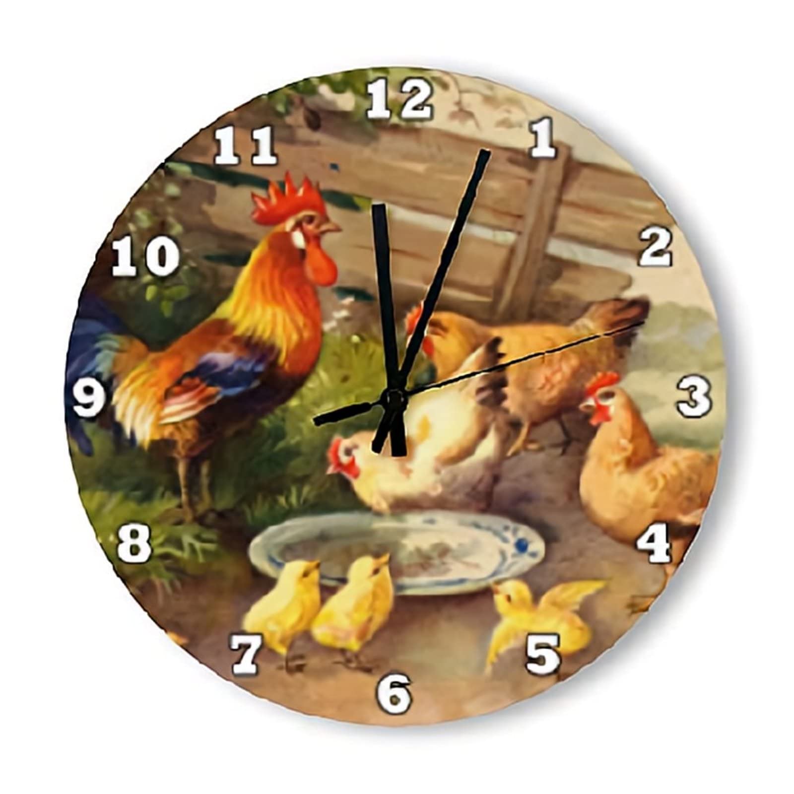 ArogGeld Rooster and Chickens Wall Clock Country Farmhouse Clocks Silent Round Wooden Battery Operated Decorative Hanging for Office Home Decor Wedding Birthday Housewarming Gift, Multicolor