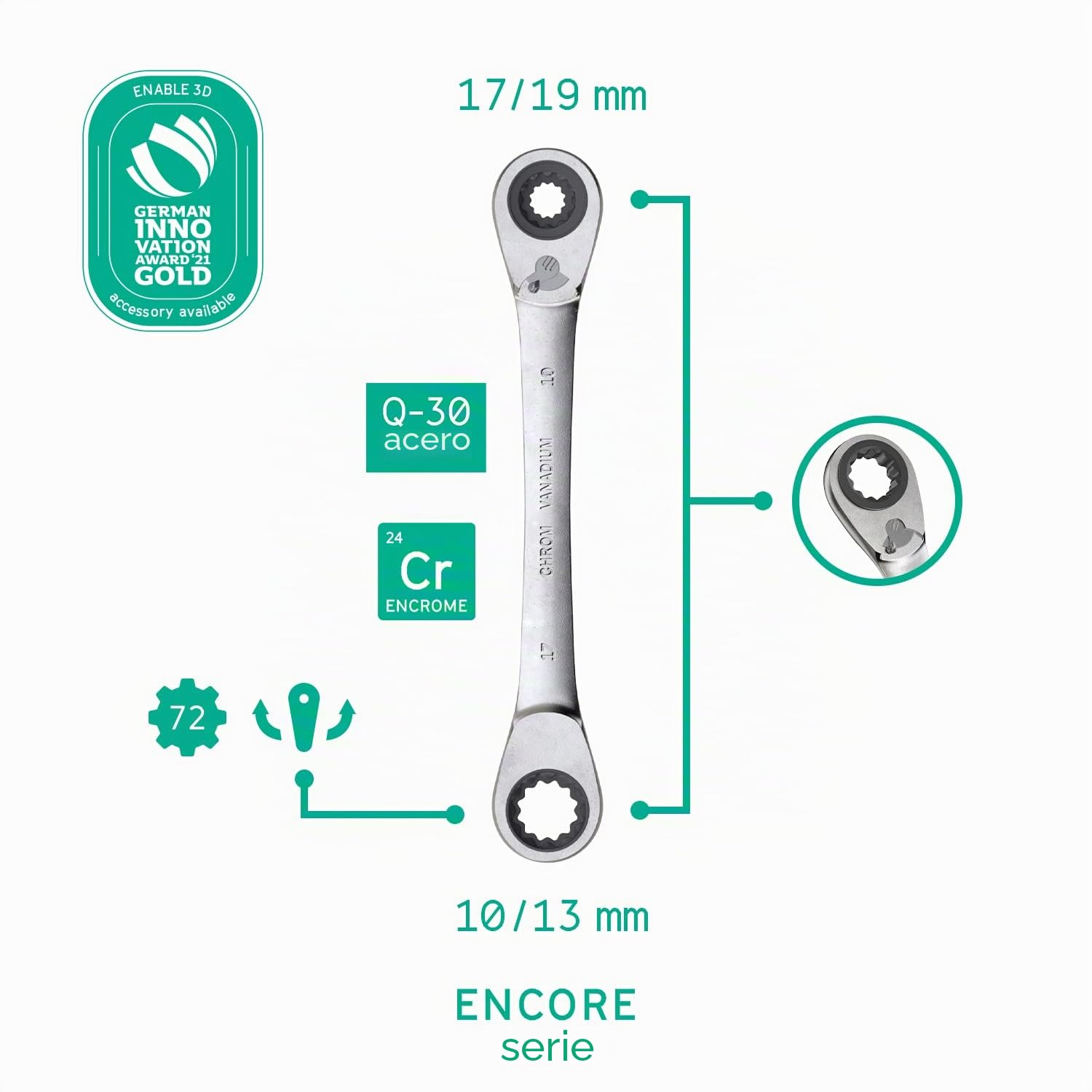 WIESEMANN 1893 Llave de carraca de doble anillo 4 en 1 con los tamaños 10, 13, 17, 19mm y 72 dientes de acero al cromado vanadium CV I Llave de tuerca doble I 81031