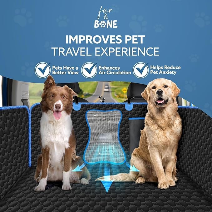 Image of Dog Car Seat Cover -Scratchproof Protector -Waterproof Backseat Cover for Cars -Nonslip Dog Accessories with Mesh Window-Universal Fit for Cars, Trucks, SUVs (Blue, Flat Bone Mesh)