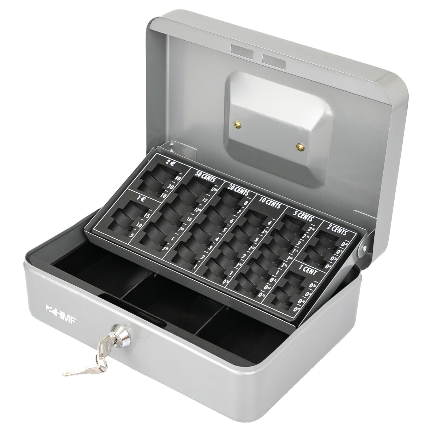 Caisse à Monnaie Relaxdays Verrouillable - 4 Compartiments Billets + Plateau Pièces - 36x28x11cm - Blanc Coffret Monnaie Métal