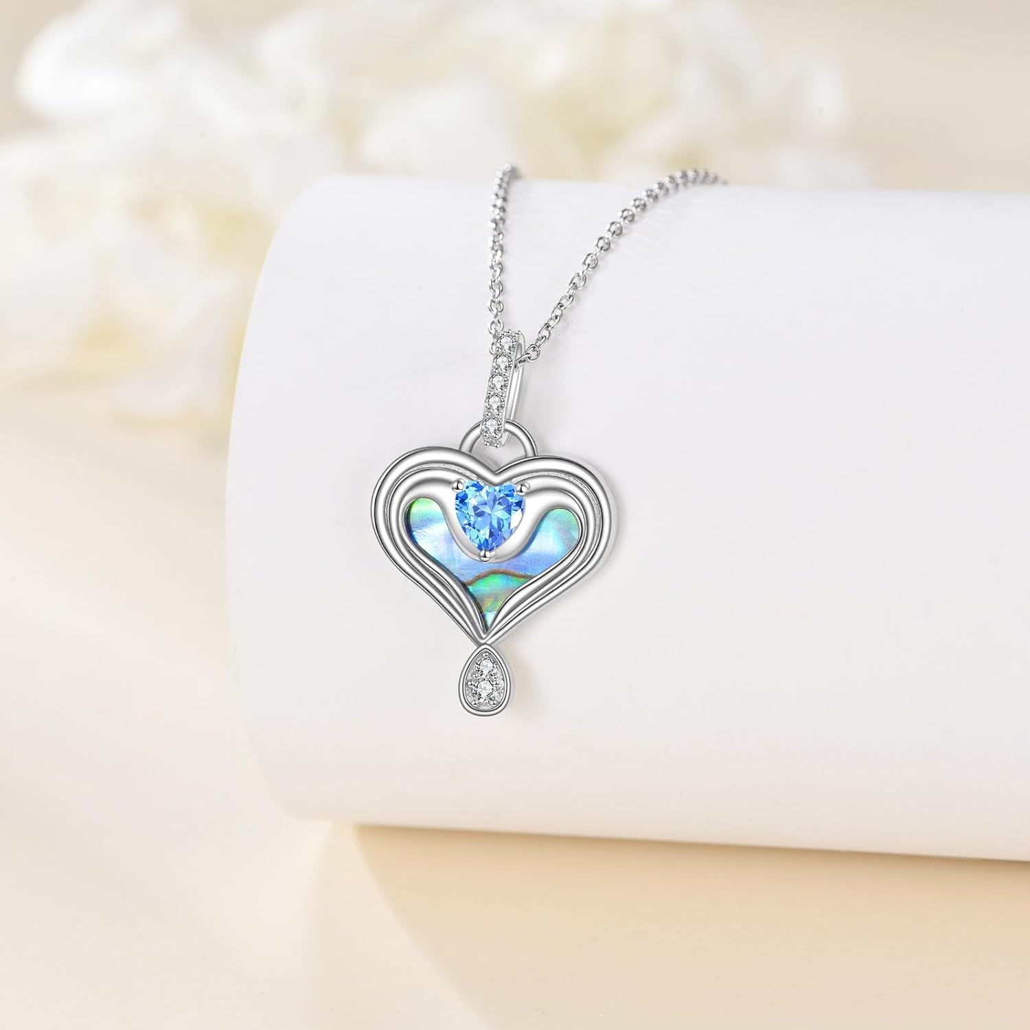 Heart Necklace for Women,925 Sterling Silver Abalone Necklace Heart Pendant,March Birthstone Necklace Anniversary Birthday Gifts for Mom - Image 2