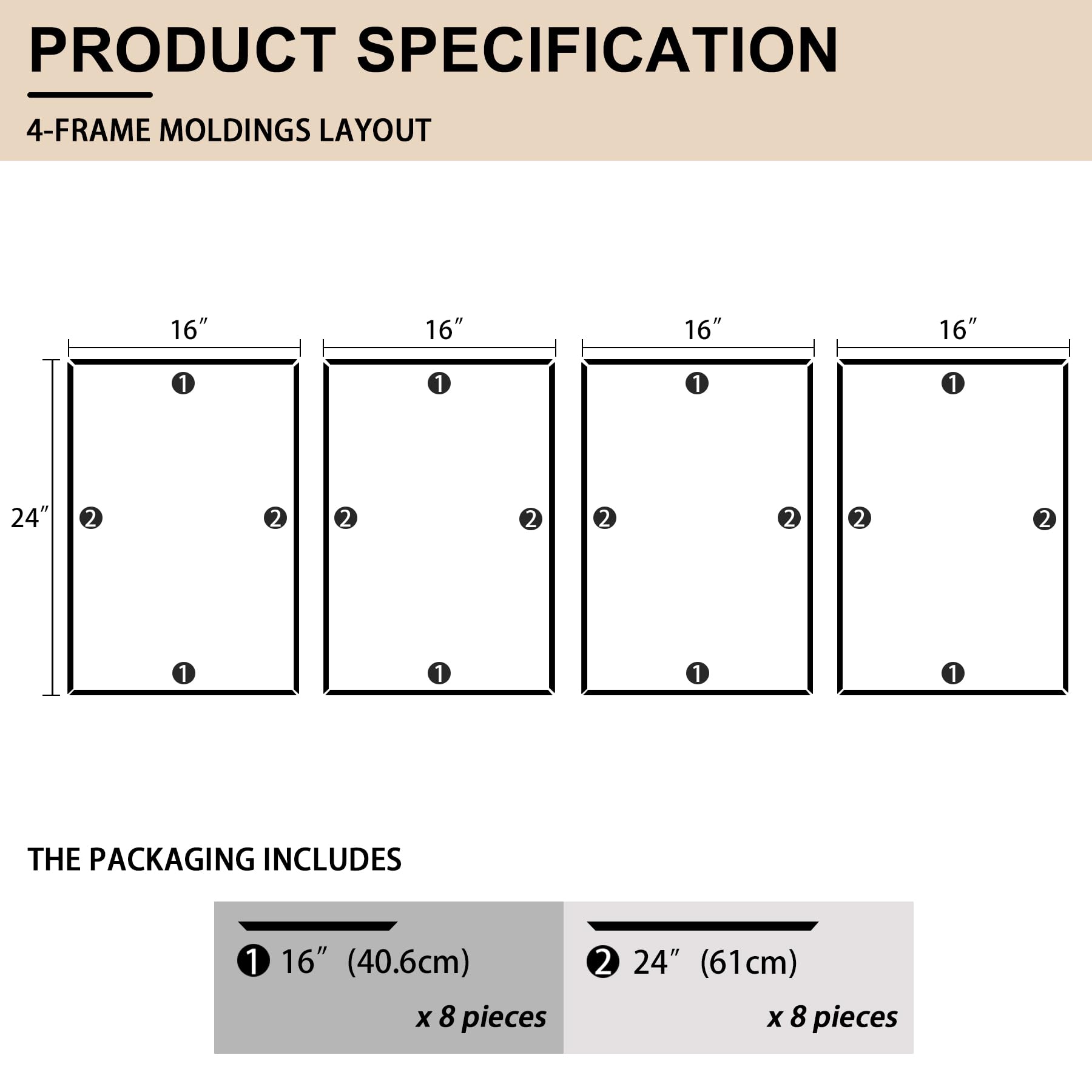 Hungbak Juego de 4 molduras de pared decorativas precortadas de 16" x 24", kit de paneles de revestimiento prefabricados adhesivos que se pegan y despegan para decoración interior, molduras de riel de