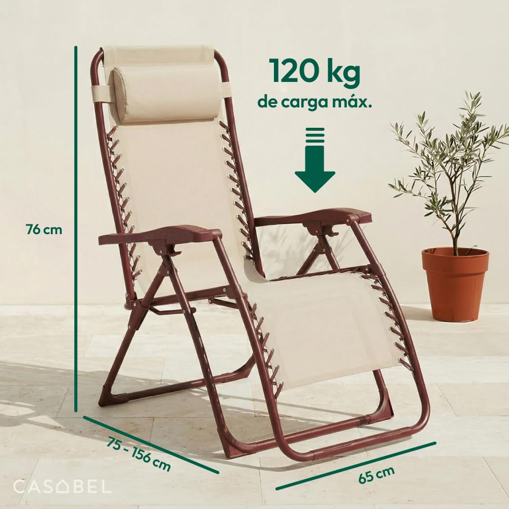 CASABEL Silla Plegable de Gravedad Cero, Terracota | Reclinable, posición de gravedad cero, confort óptimo, textilene transpirable, acero anticorrosión, cojín repelente al agua