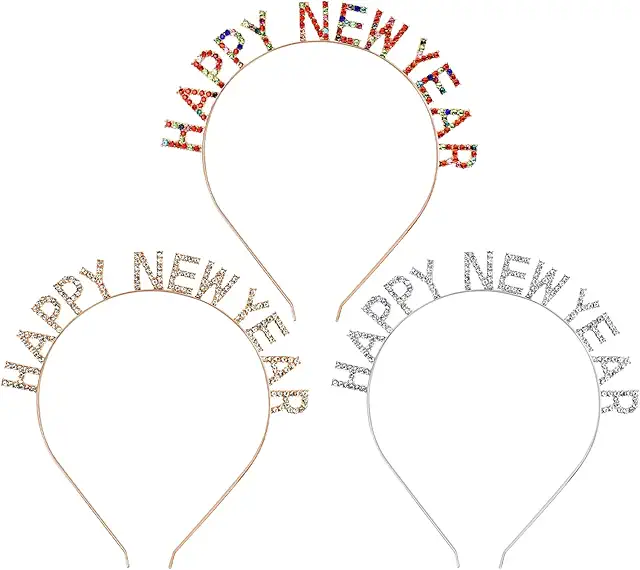 HUIANER Happy New Year Headbands: 3-Pack Rhinestone Hair Accessories for Women & Girls
