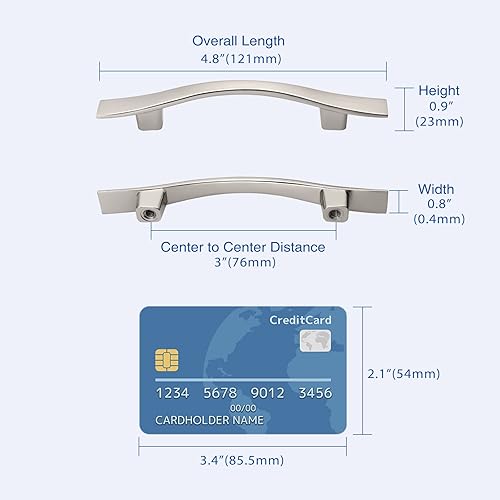 Miniatura 6 de KNOBWELL Paquete de 5 tiradores curvados de 3 pulgadas de níquel satinado cepillado para cajones de cocina, manijas de armario de 4-34 pulgadas de