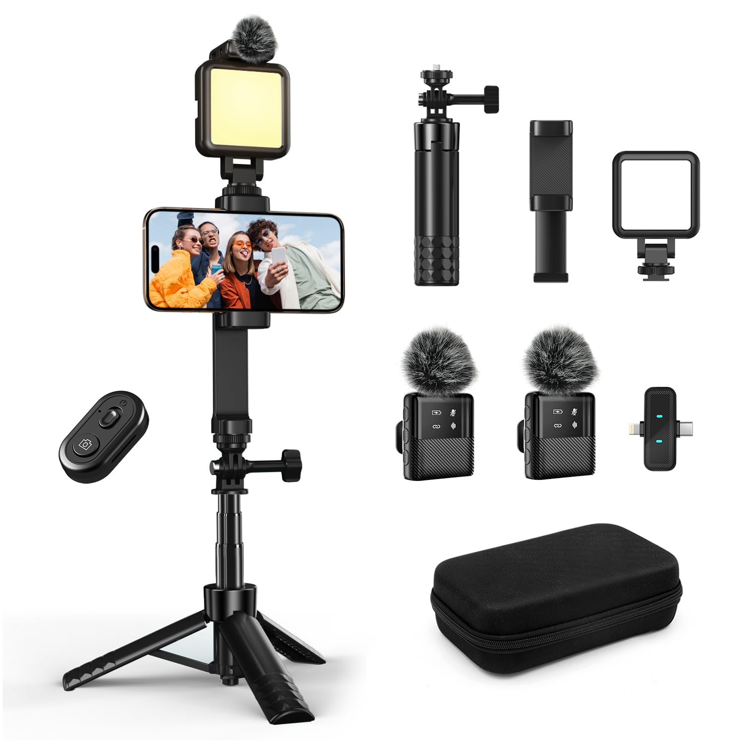 yAyusi Vlogging Kit pour iPhone/Android, Kit Youtuber Comprend Trépied 3 en 1, Lumière LED, Microphone et Housse de Rangement, Idéal pour Interviews de Rue et Enregistrement de Vlog