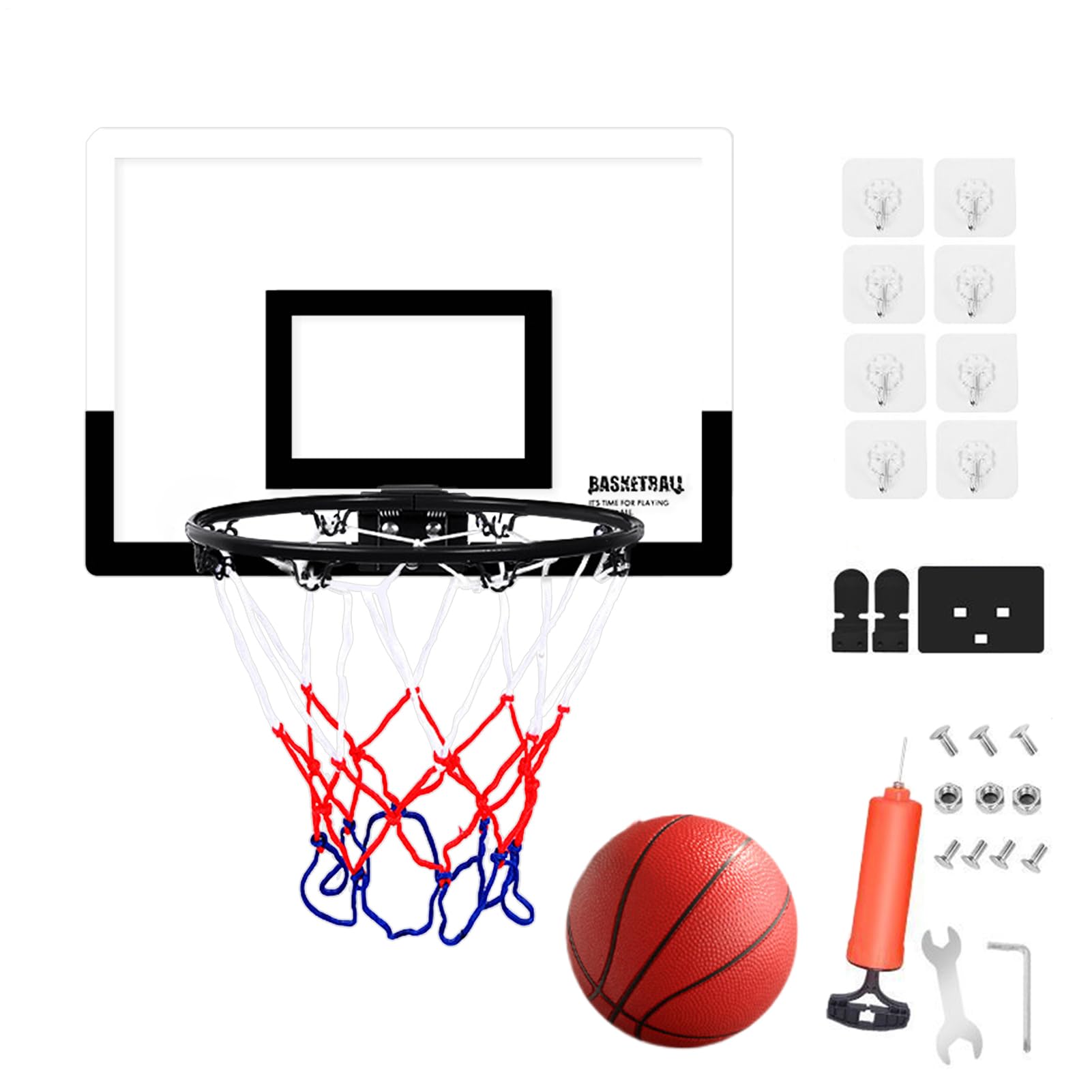 Canestro Basket Indoor Per Porte 40x26cm - Set Completo Palla/Pompa, Montaggio Senza Fori Con Ritorno Automatico, Giocattolo Sicuro Per Bambini 3+ Anni, 1480g