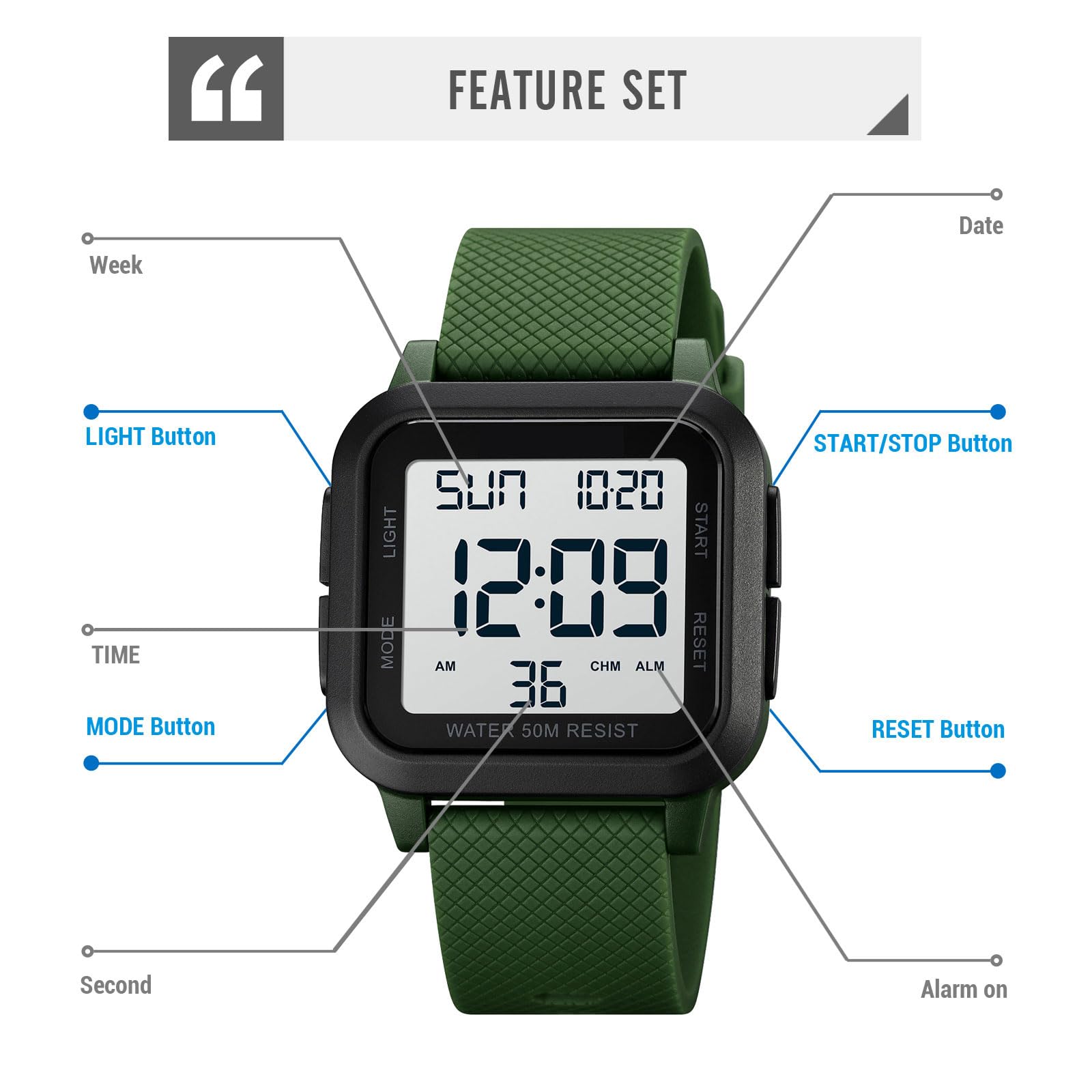 findtime Reloj digital unisex para hombre y mujer, esfera cuadrada, números grandes, LED, electrónico, resistente al agua, alarma, temporizador de cuenta regresiva, hora dual, cronómetro, 12/24 horas