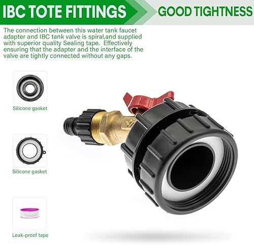 Miniatura 3 de IBC Tote Fittings - Adaptador de bolsa IBC de 275-330 galones, adaptador de tanque IBC de rosca fina de 2.44 pulgadas y válvula de grifo de manguera