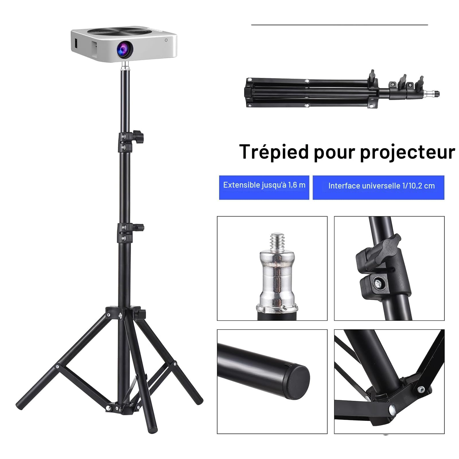 Docooler Trépied universel pour projecteur, support extensible, support portable en alliage d'aluminium, interface de 1/4", hauteur réglable pour projecteur LCD