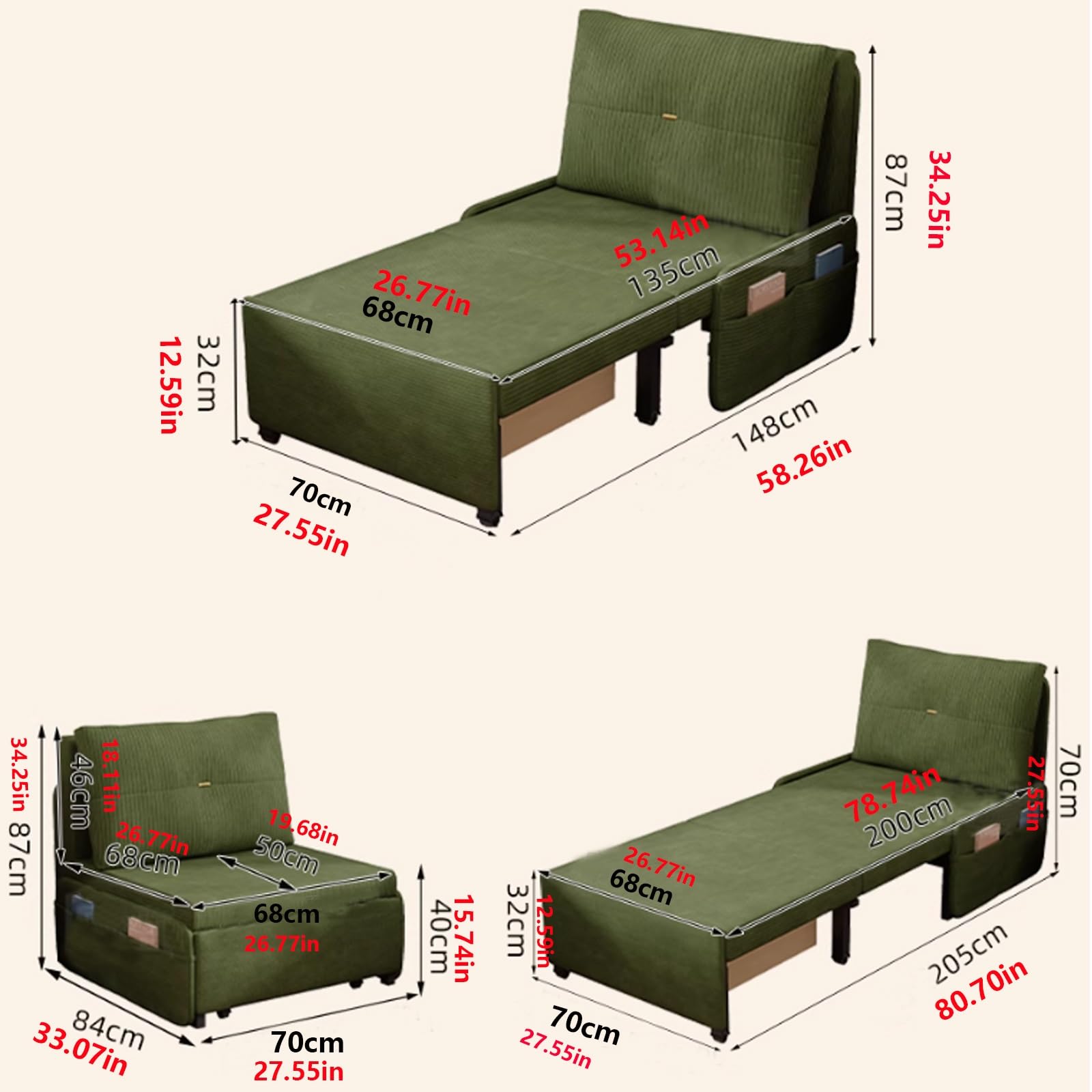 Schlafsessel Mit Bettkasten Chaiselongue Sofa Mit Rollen Schlaffunktion Kordgewebe, Versteckter Stauraumschublade Für Büro Oder Gästezimmer, 2 Größen(205 * 70 * 70CM)