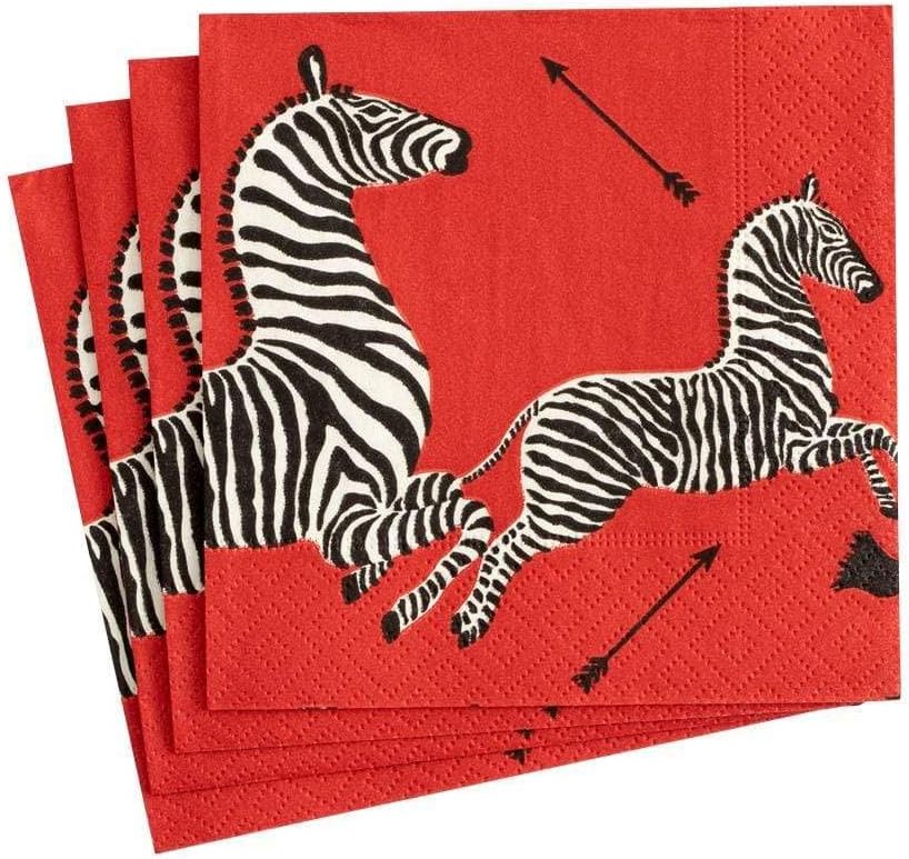 Caspari Zebras Paper Guest Towel Napkins in Red - Two Packs of 15