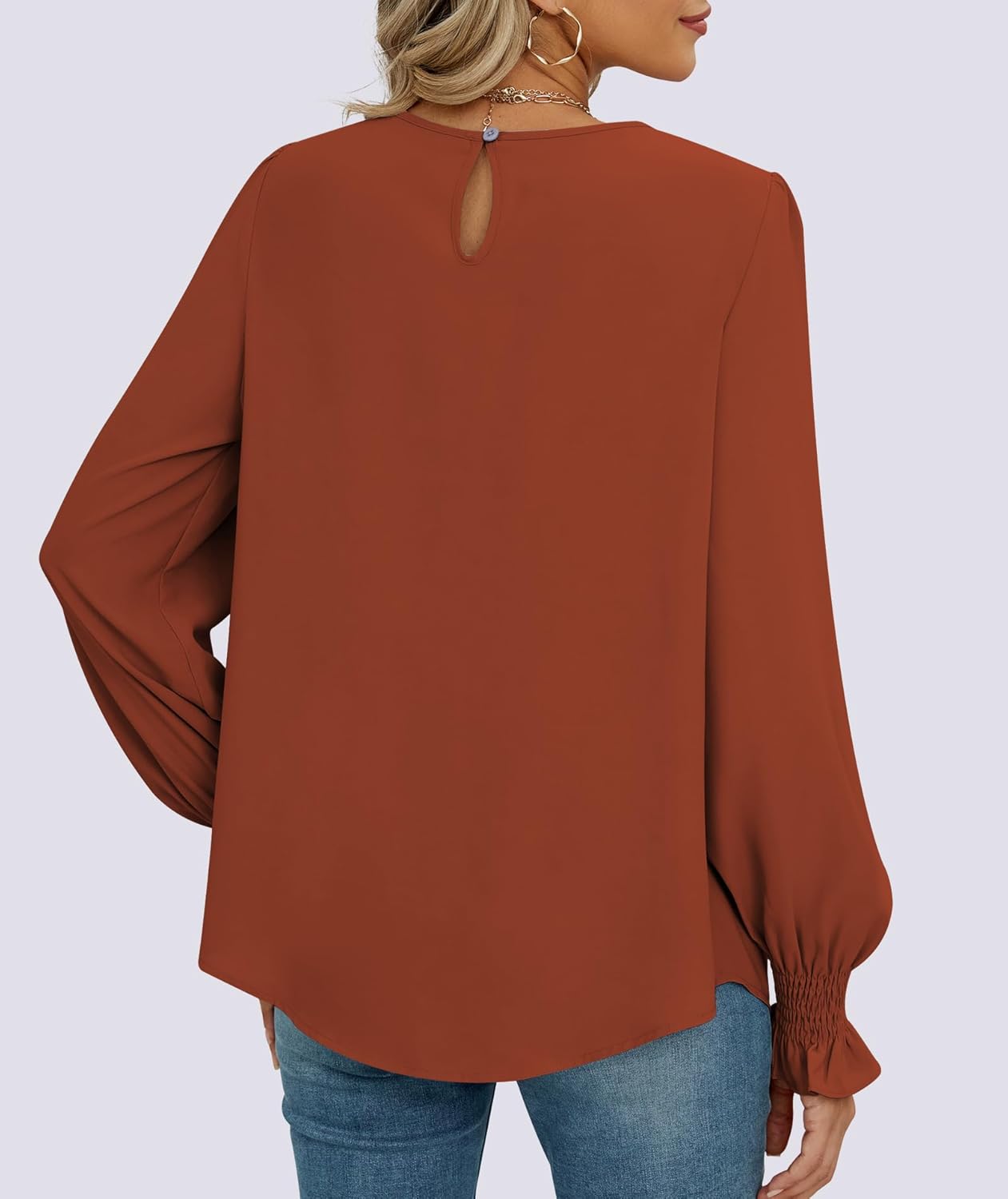 Funlingo Womens Tops Dressy Casual Smocked Long Sleeve Shirts Crew Neck Loose Chiffon Tunics Office Work Blouses - Image 5