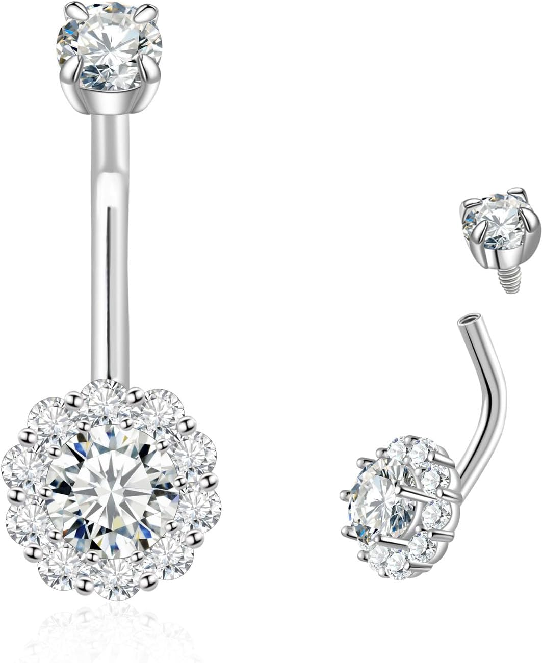 Helonley 14G Moissanite Belly Button Ring - 925 Sterling Silver Moissanite Belly Button Ring Flower Cluster Navel Rings Body Piercing Jewelry for Women