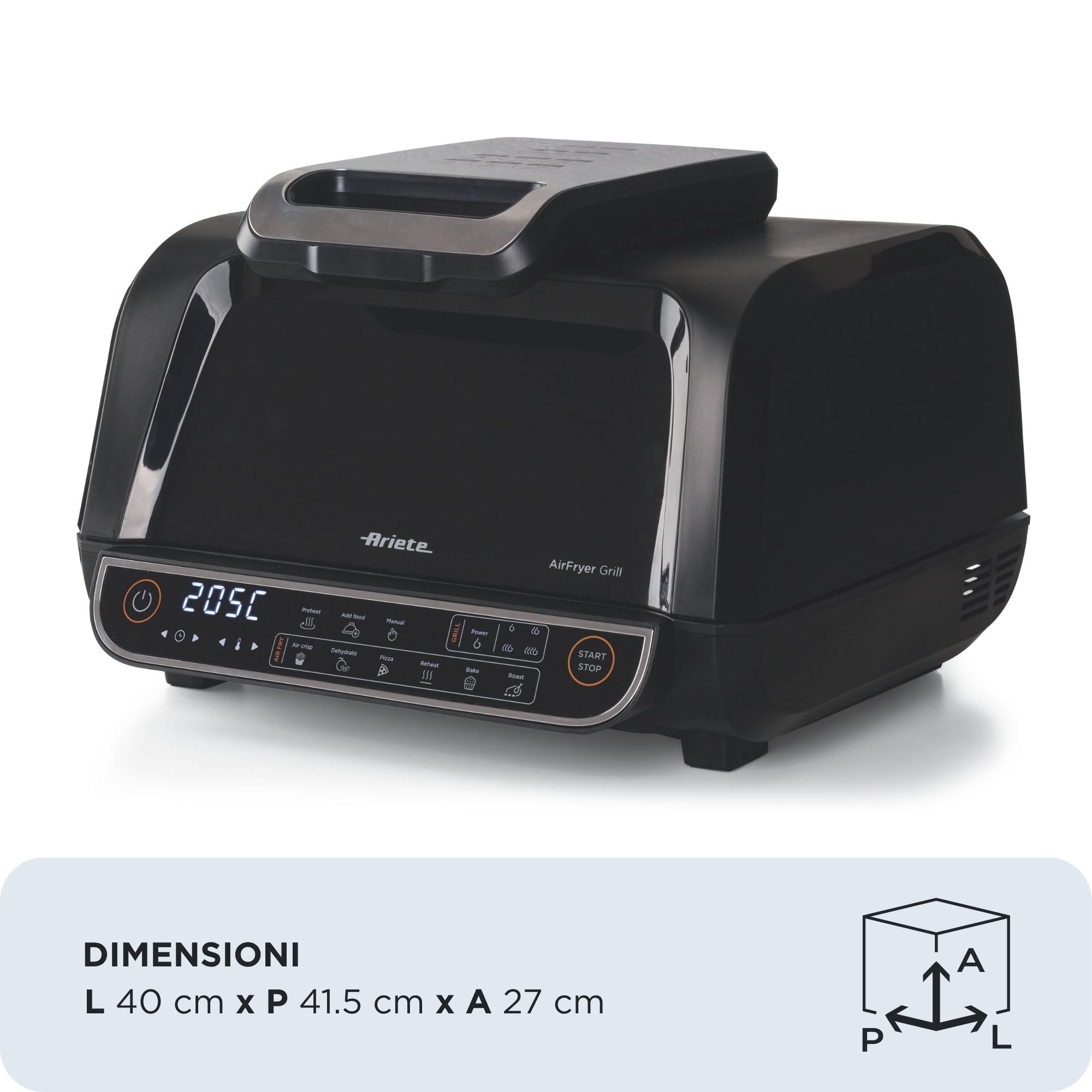 Ariete 4635 Air Fryer Grill, Friggitrice ad aria e Griglia, Bistecchiera,1700W, Capacità 8L, Friggi e Griglia, 8 funzioni di cottura, Timer, Nero