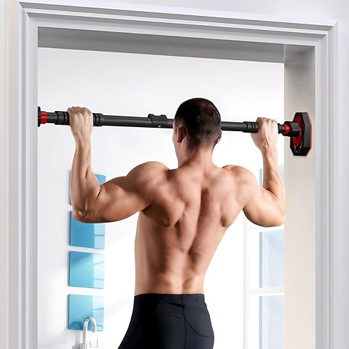 Miniatura 8 de Barra de dominadas ajustable de 25.5 a 39.3 pulgadas de ancho, mecanismo de bloqueo para interiores, barra de entrenamiento de fuerza portátil para