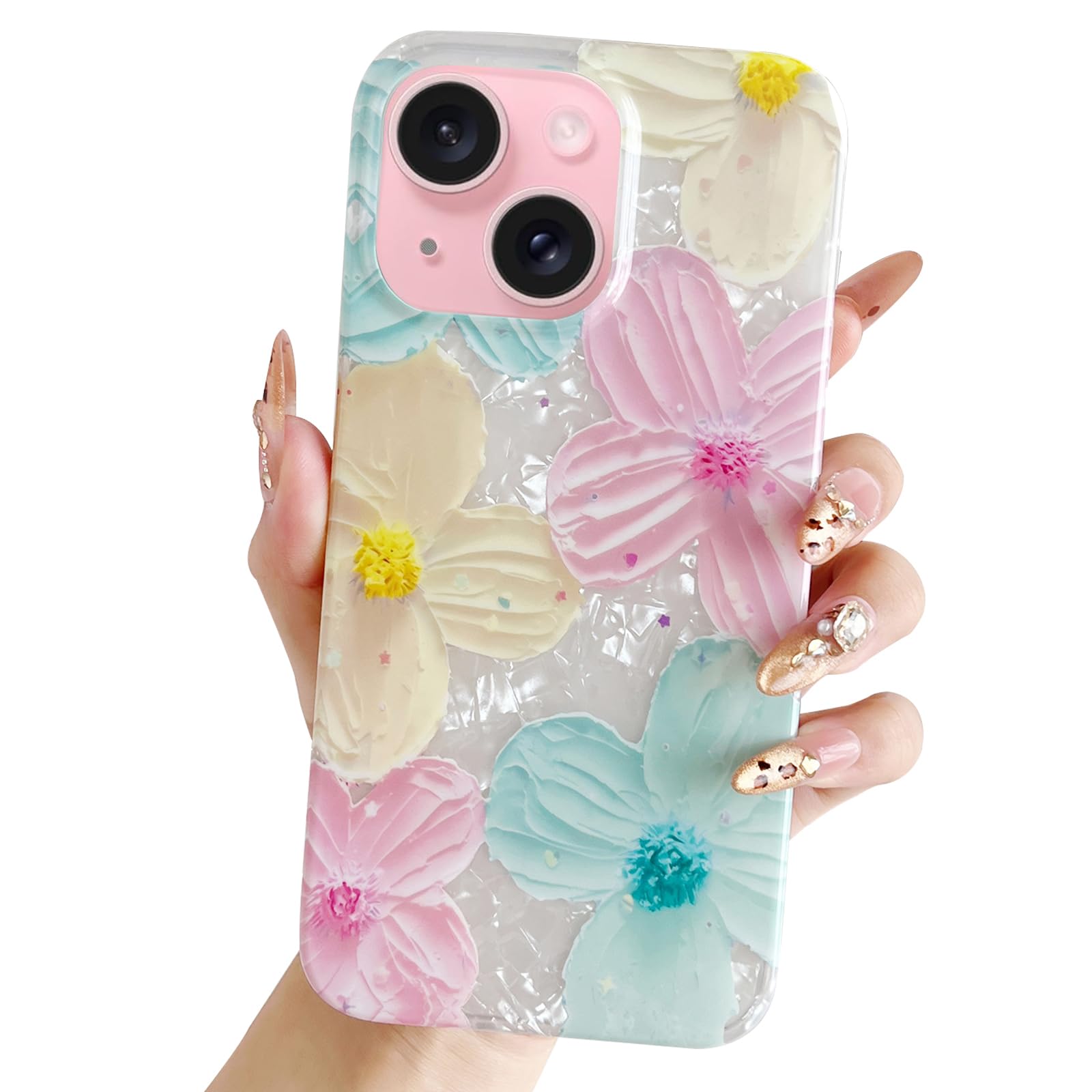 Jmltech for iPhone 15 Plus Case Women Trendy Girly Aesthetic Cute Floral Flowers Luxury Sparkle Silicone with Charms Phone Strap Lanyard Oil Painting