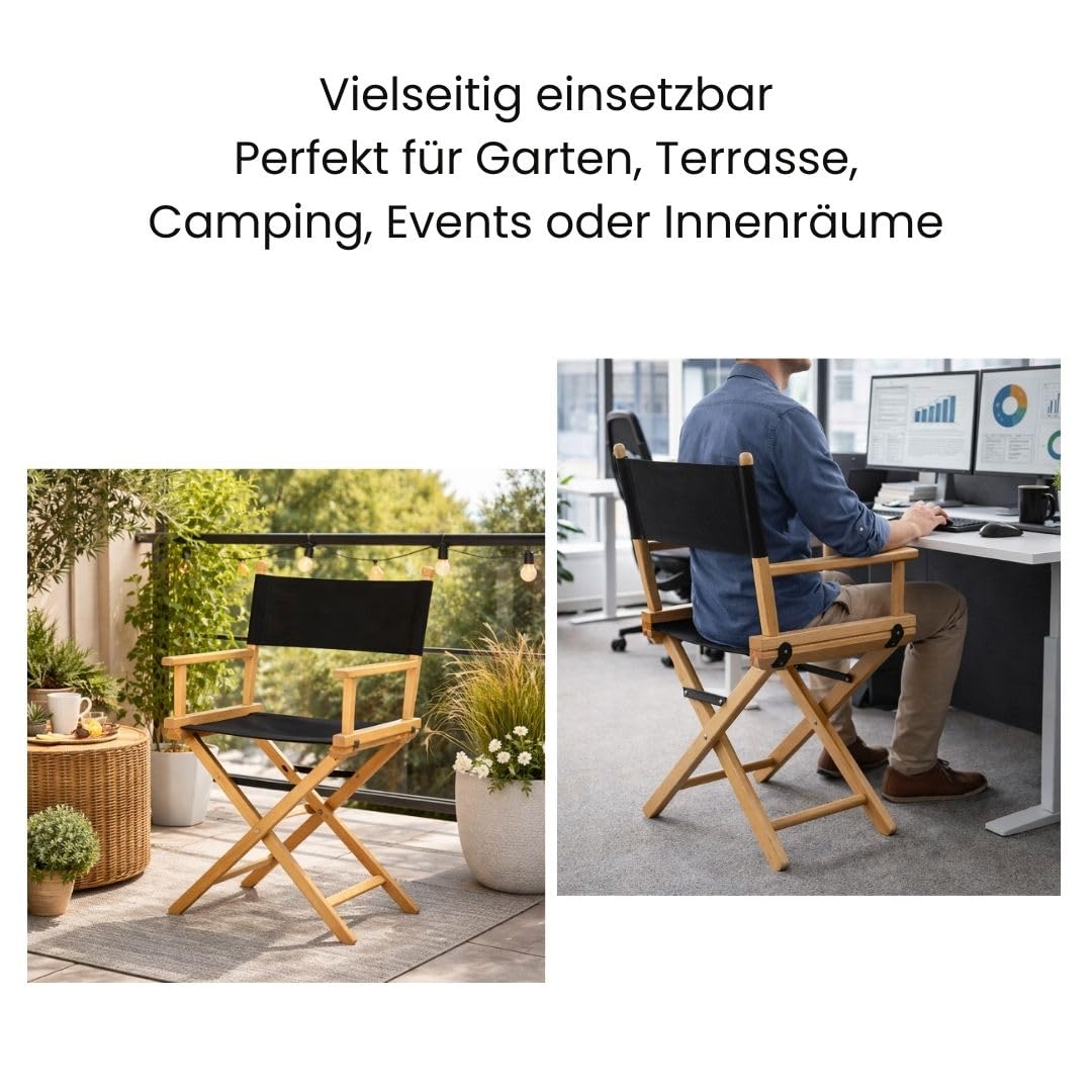 Regiestuhl aus Buchenholz mit transparenter Lasur – Klappbarer Regiesessel mit schwarzem Stoffbezug – Holzstuhl Klappstuhl Campingstuhl leicht & platzsparend für Garten Balkon Camping