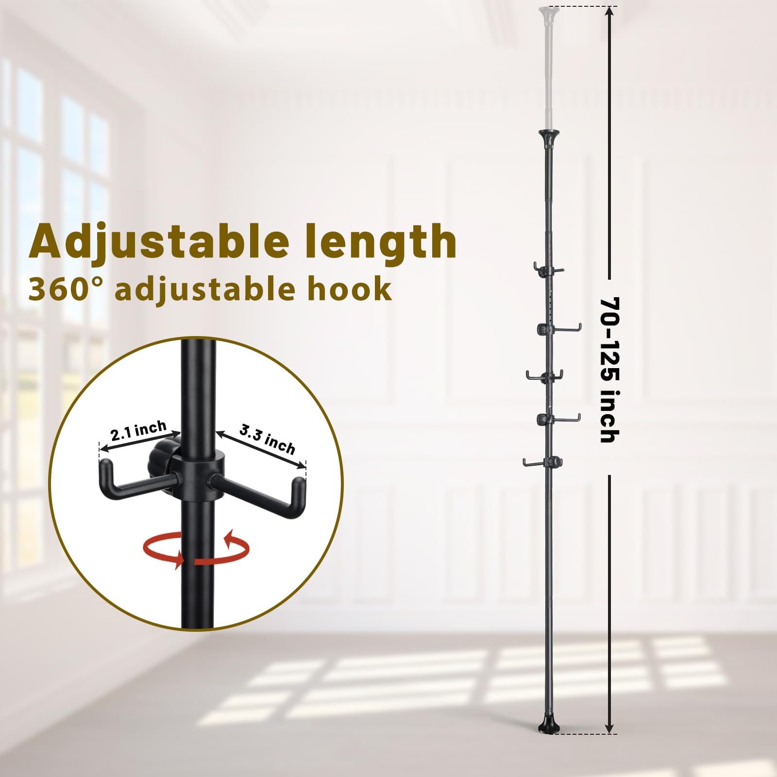 Appendiabiti autoportante, regolabile, 142,2-317,5 cm, asta di tensione, 12 ganci, per cappotti, cappelli, camera da letto, soggiorno, cucina, bagno, appartamento, ingresso, ufficio, nero