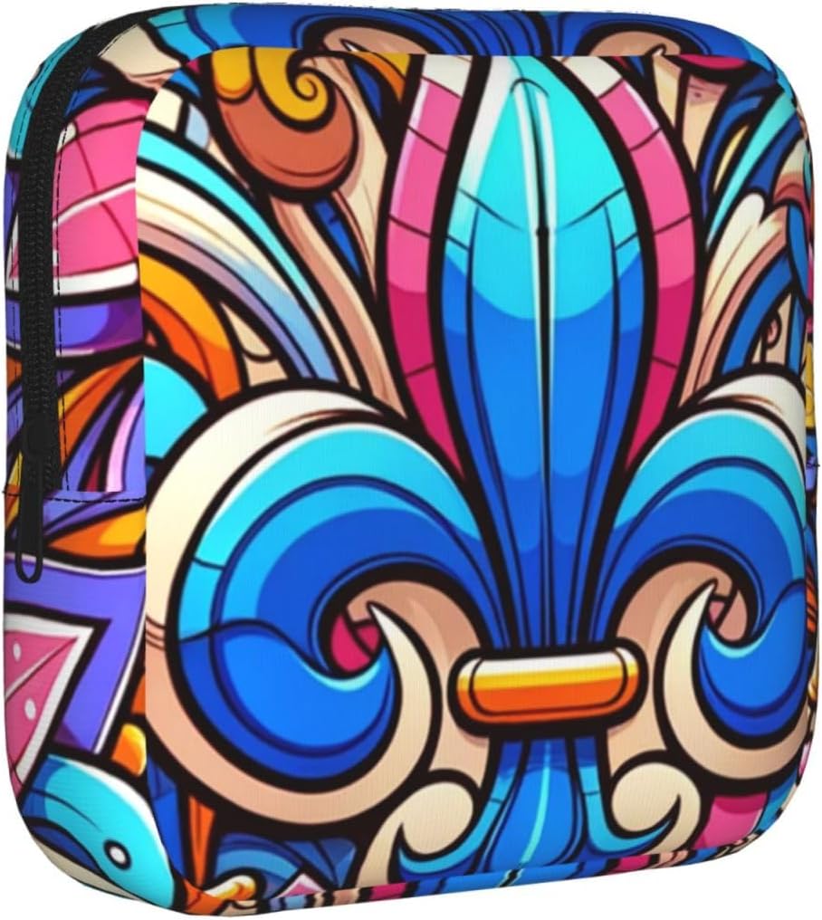 Fleur-De-Lis-Colorful Portable Period Pad Pouch for Women, Sanitary Napkin Storage Bag with Zipper for Outdoor Use