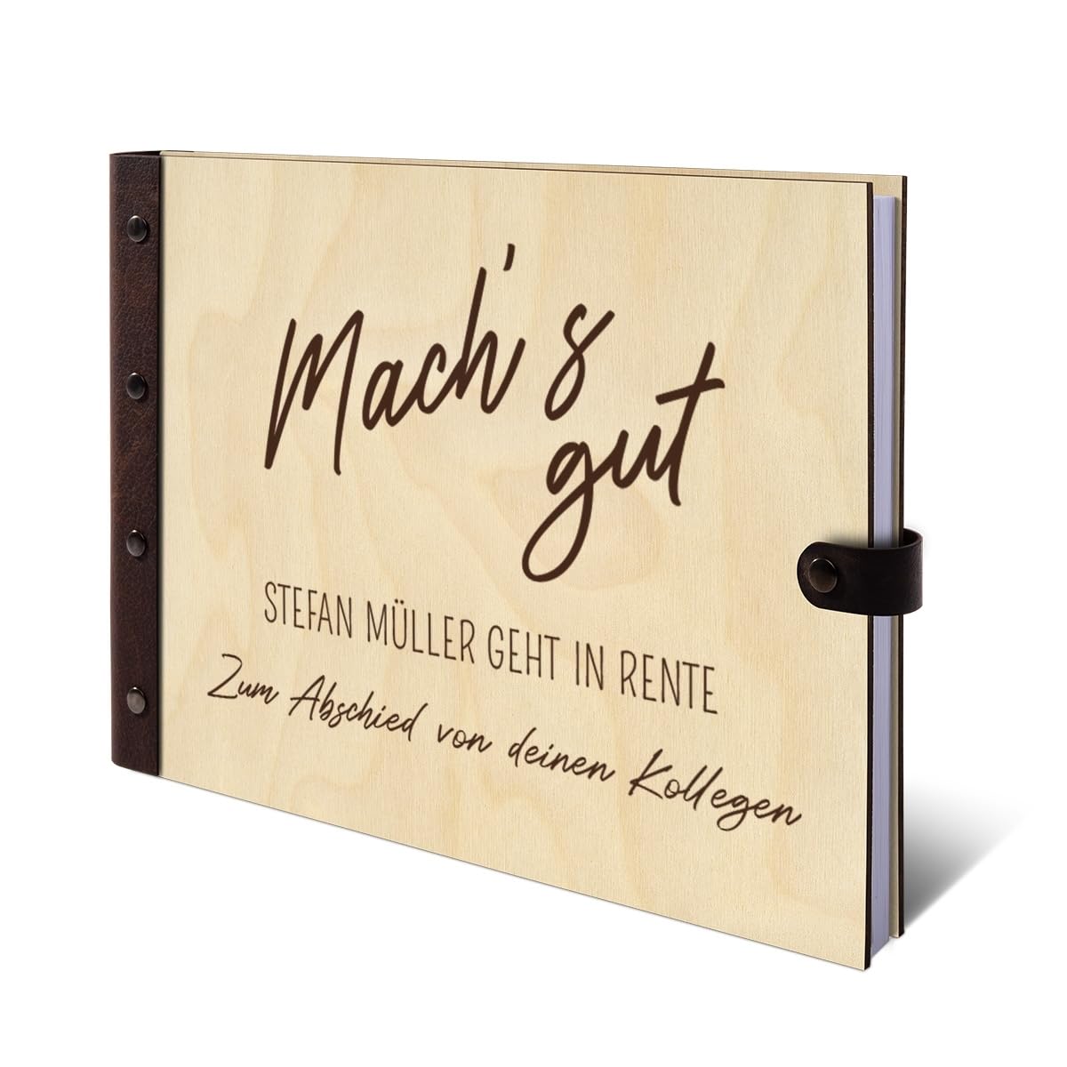 Personalisiertes Abschied Gästebuch echtes Holz DIN A4 Rente Erinnerungsbuch mit Lasergravur - Machs Gut - mit 72 Blatt / 144 Seiten Naturpapier Weiß