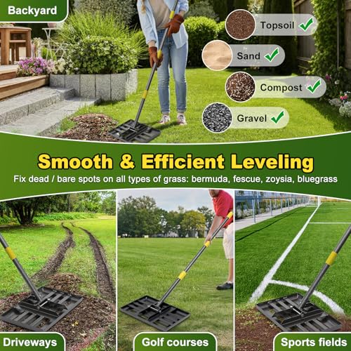 Lawn Leveling Rake: Anti Flipping 17" x 10" Stainless Steel Lawn Ground Leveler for Soil, Heavy Duty Grass Top Soil Dressing Leveling Rake, Home Lawn,Golf Field,Yard Landscaping Tool, 5ft Long Handle by DEROFIT - Image 5