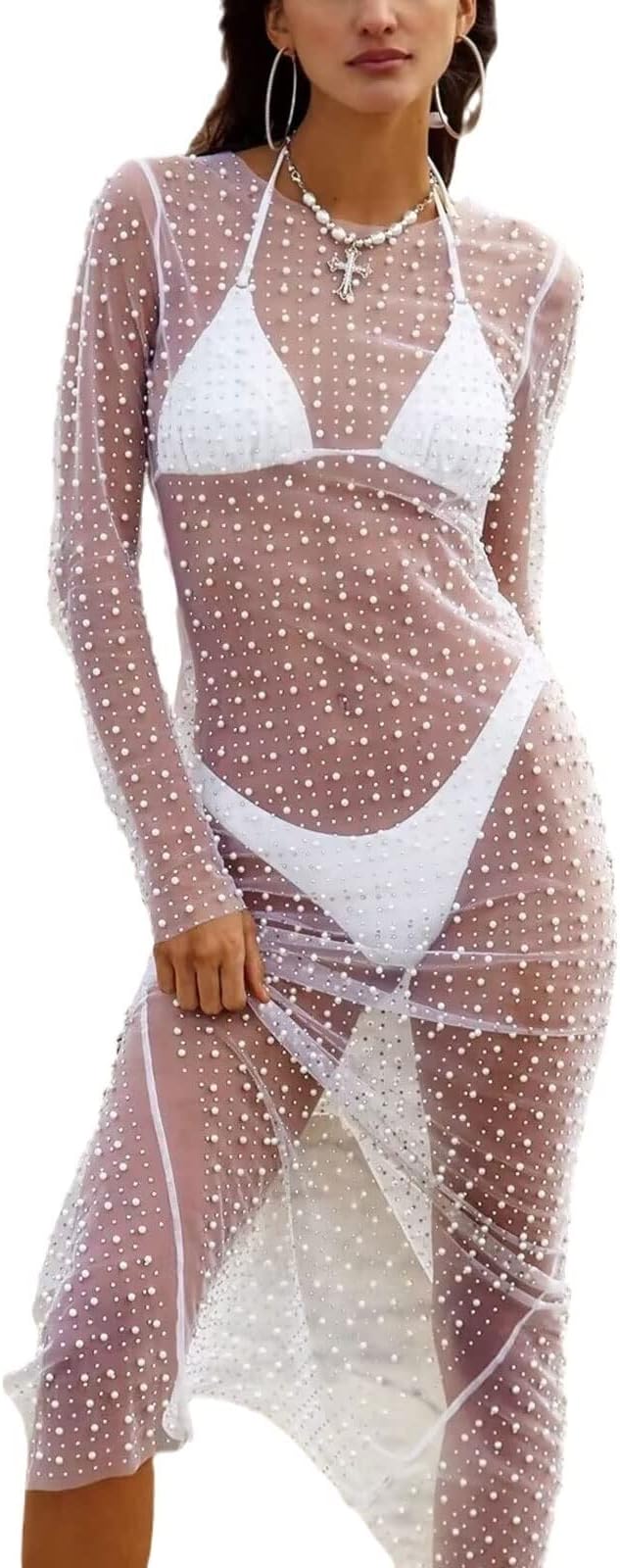 CUTSKY Women Sexy Pearl Dress,Fashion Rhinestone See Through Mesh Pearl Cover Ups for Swimwear Clubwear Sheer Maxi Dress (Color : White, Size : Medium)