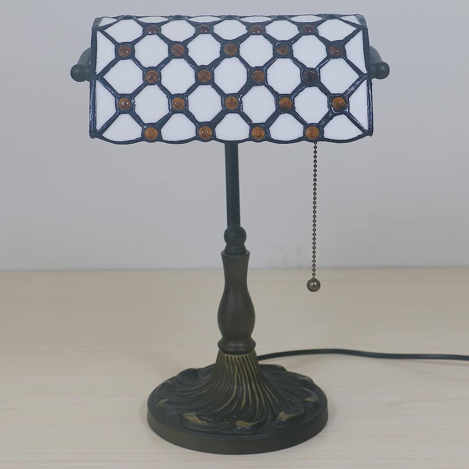 Bankiers Tischlampe, farbige Glaslampe, Kristallperlenschreibtischlampe, Schlafzimmer in der Nacht Leselampe (weißer brauner Glasperlenschatten) Innovate
