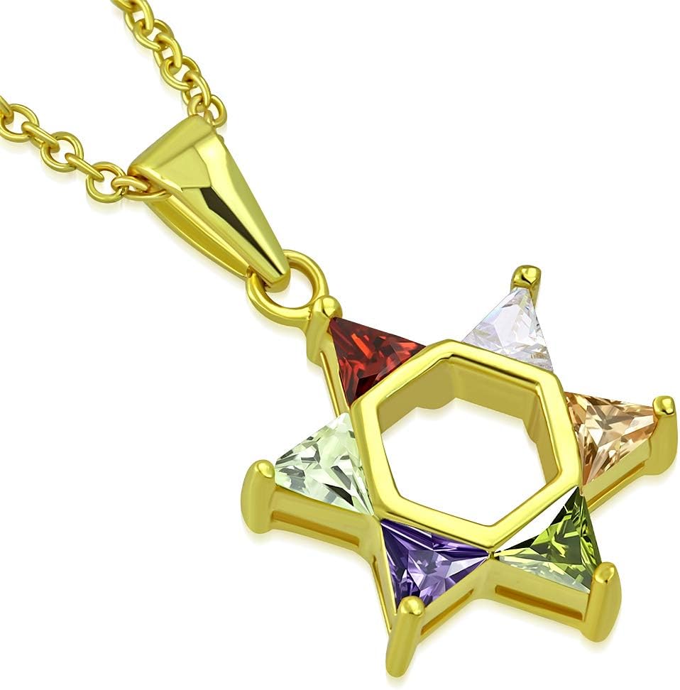 925 Sterling Silver Jewish Star of David Multicolor CZ Pendant Necklace, 18"